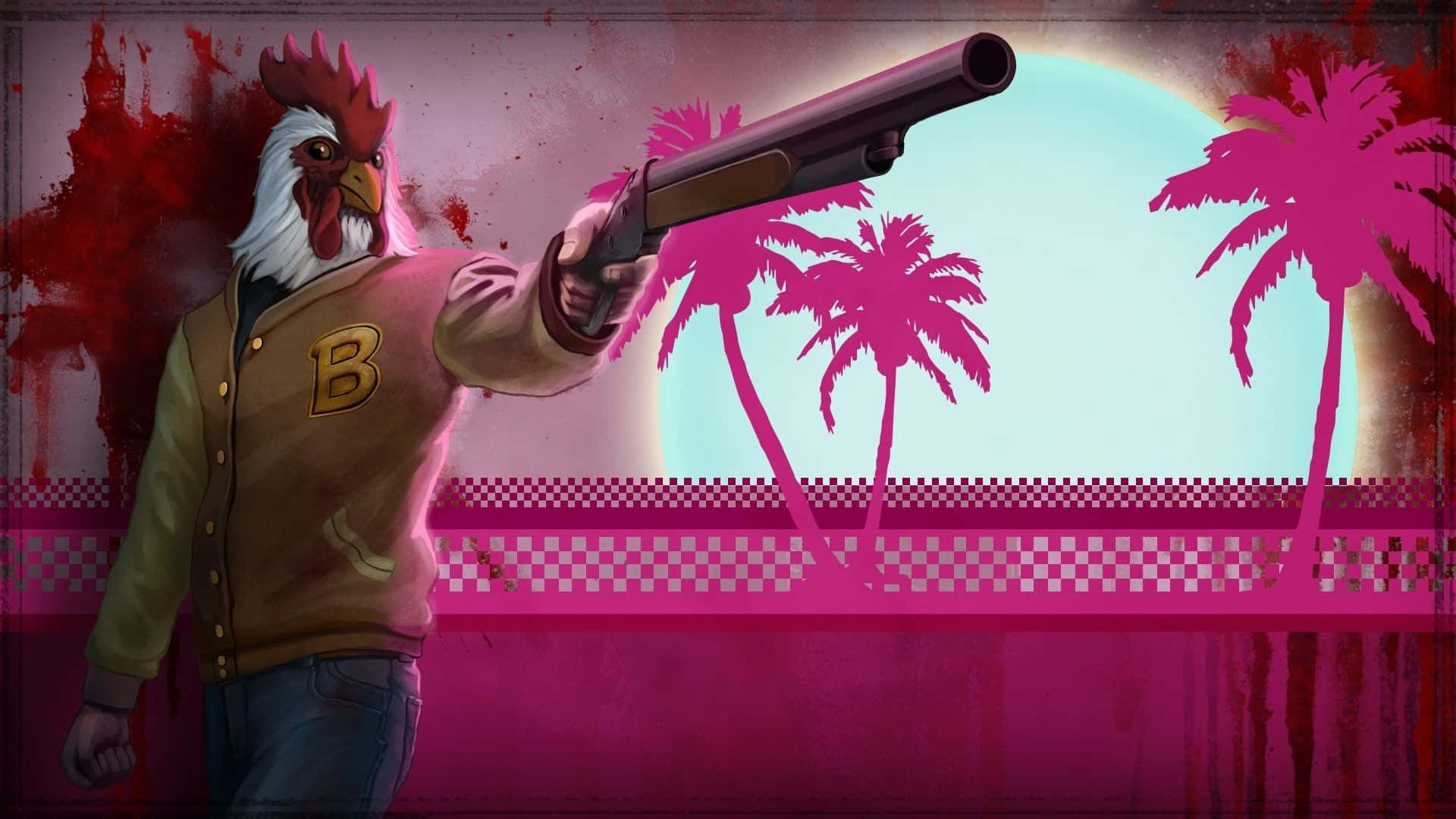 Hotline Miami 桌布 壁紙 — 一個公雞頭男人穿著大學外套，在粉紅色棕櫚樹背景前用霰彈槍瞄準，伴有血跡飛濺。
