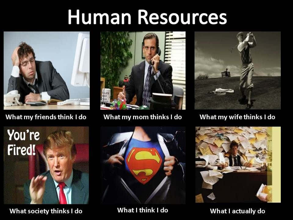 Time Management Memes 桌布 壁紙 — 一個六格迷因透過辦公室場景和流行文化參考，幽默地對比了對人力資源工作的看法與現實。