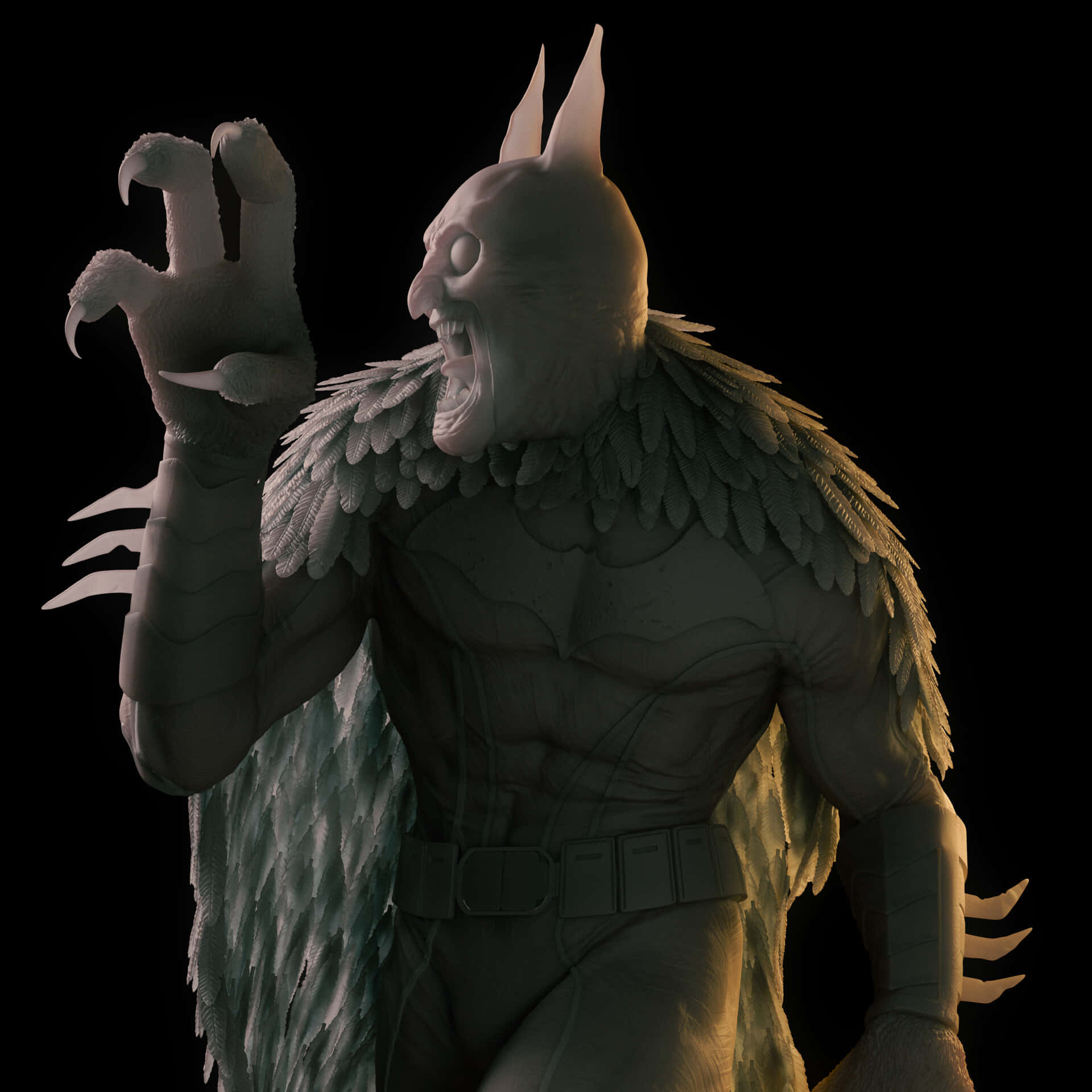 The Court Of Owls 桌布 壁紙 — 一個具威脅性的3D渲染蝙蝠狀生物，擁有羽毛翅膀和利爪手掌，在黑色背景上咆哮。