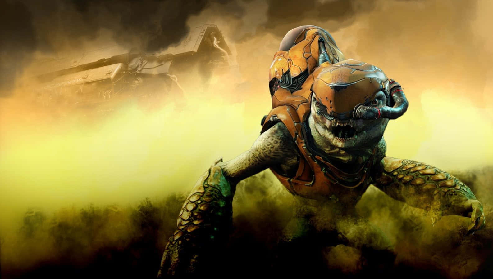 Halo Covenant 桌布 壁紙 — 一個具威脅性的裝甲外星生物穿過煙霧彌漫的戰場向前猛撲，一艘戰艦在迷霧中隱現。
