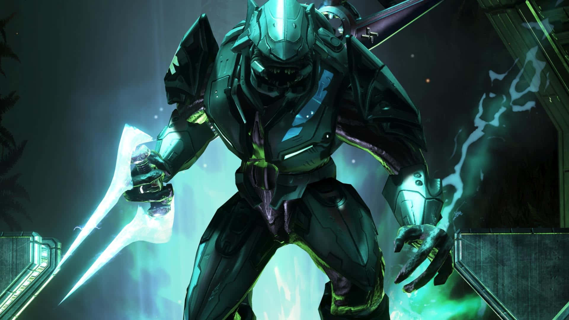 Sangheili 桌布 壁紙 — 一個具威脅性的裝甲戰士在黑暗的科幻環境中揮舞著發光的能量劍，帶有電光綠色照明。