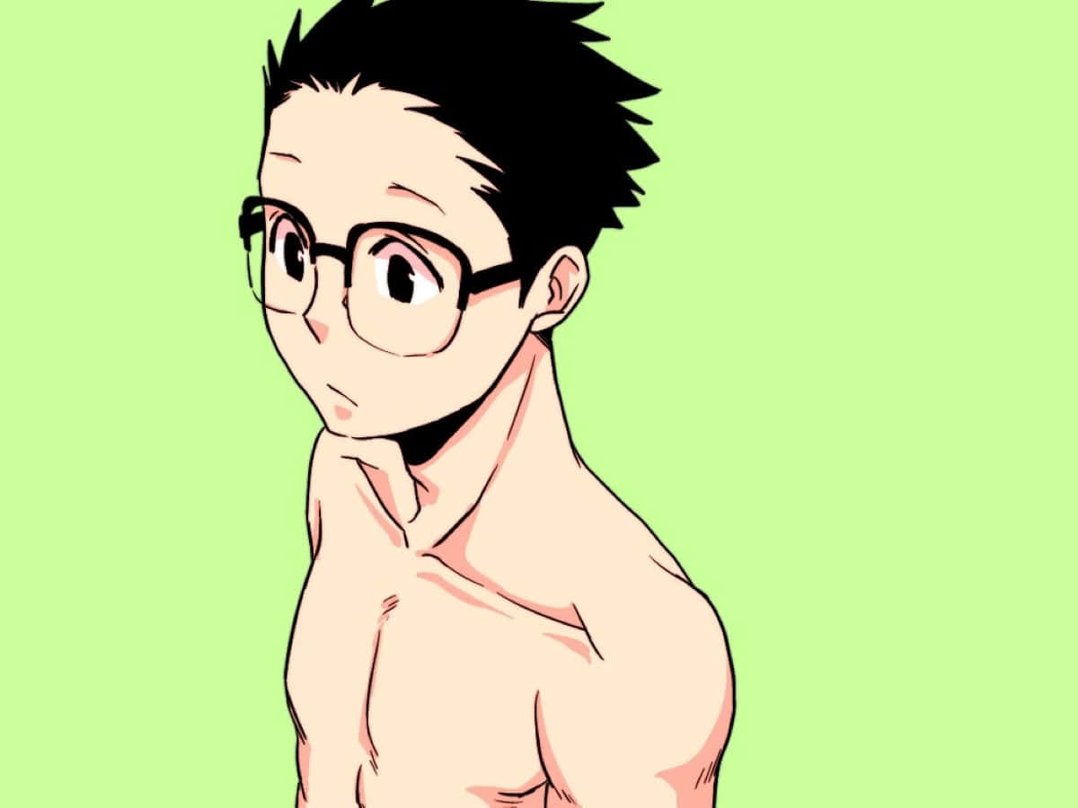 Kain Fuery 桌布 壁紙 — 一個冇著衫嘅動漫男仔，黑色刺蝟頭戴眼鏡，喺純淺綠色背景前回頭望。