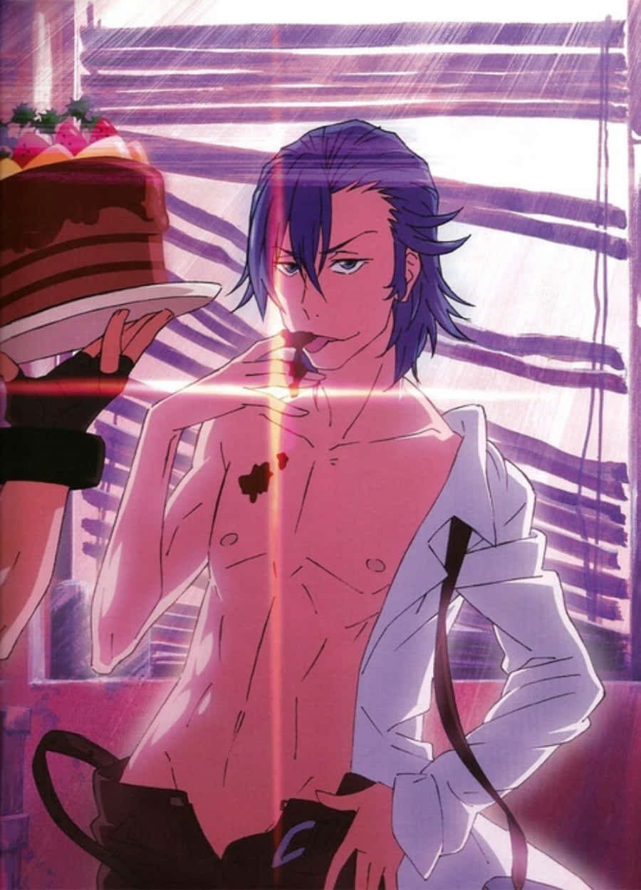 Aikuro Mikisugi 桌布 壁紙 — 一個冇著衫嘅紫髮動漫男人挨喺窗邊，一隻手喺粉紅同紫色光線下遞俾佢一個多層朱古力蛋糕。