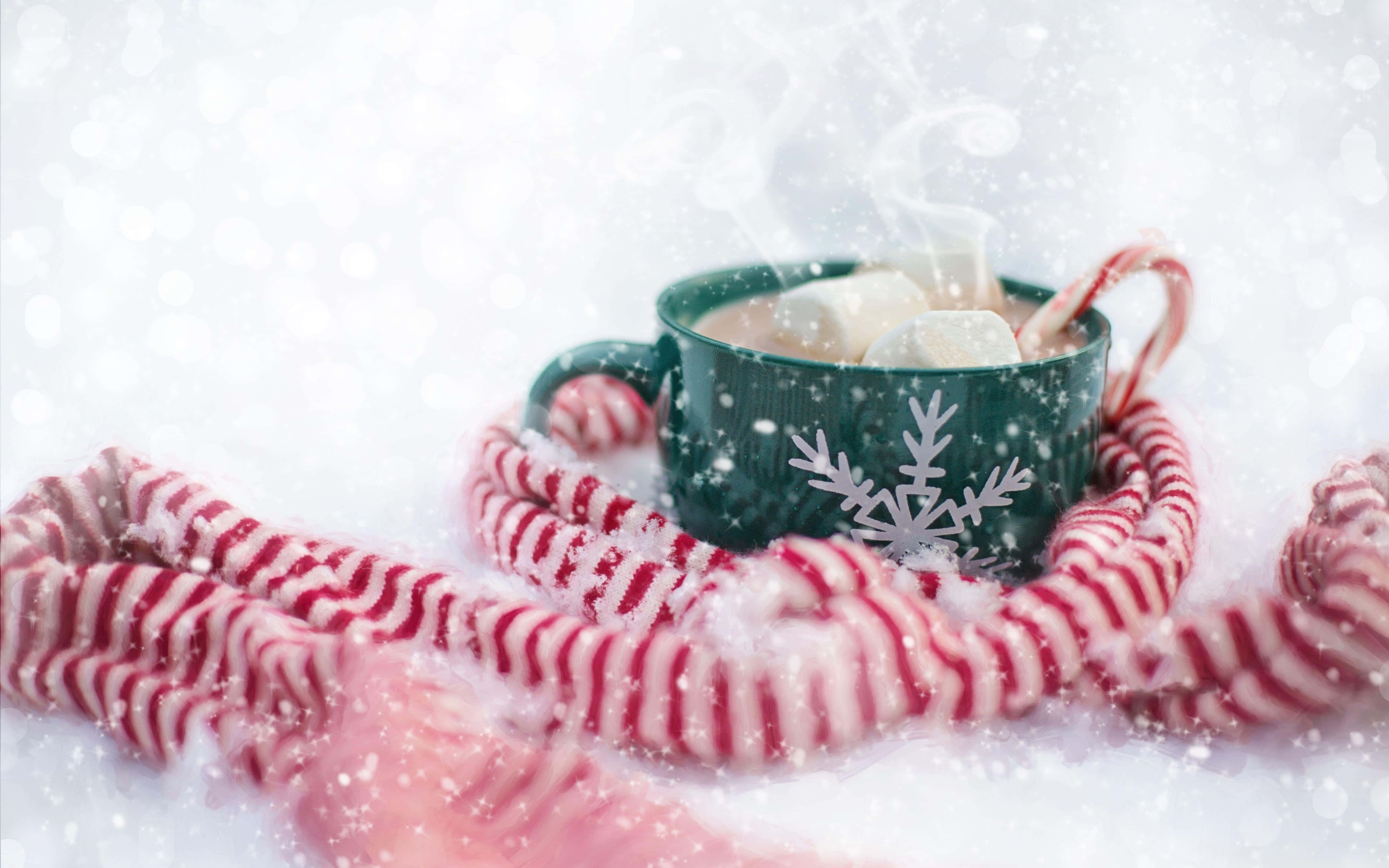 Rustic Christmas 桌布 壁紙 — 一個冒著熱氣的綠色雪花圖案馬克杯，裡面有棉花糖，被紅白條紋圍巾包裹著，置身於飄雪之中。