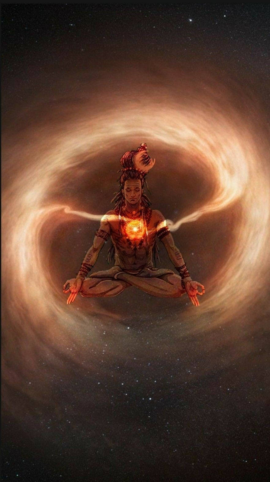 shiva iPhone 桌布 壁紙 — 一個冥想的人物，帶有發光的心臟和宇宙漩渦，在繁星點點的虛空中寧靜地漂浮。