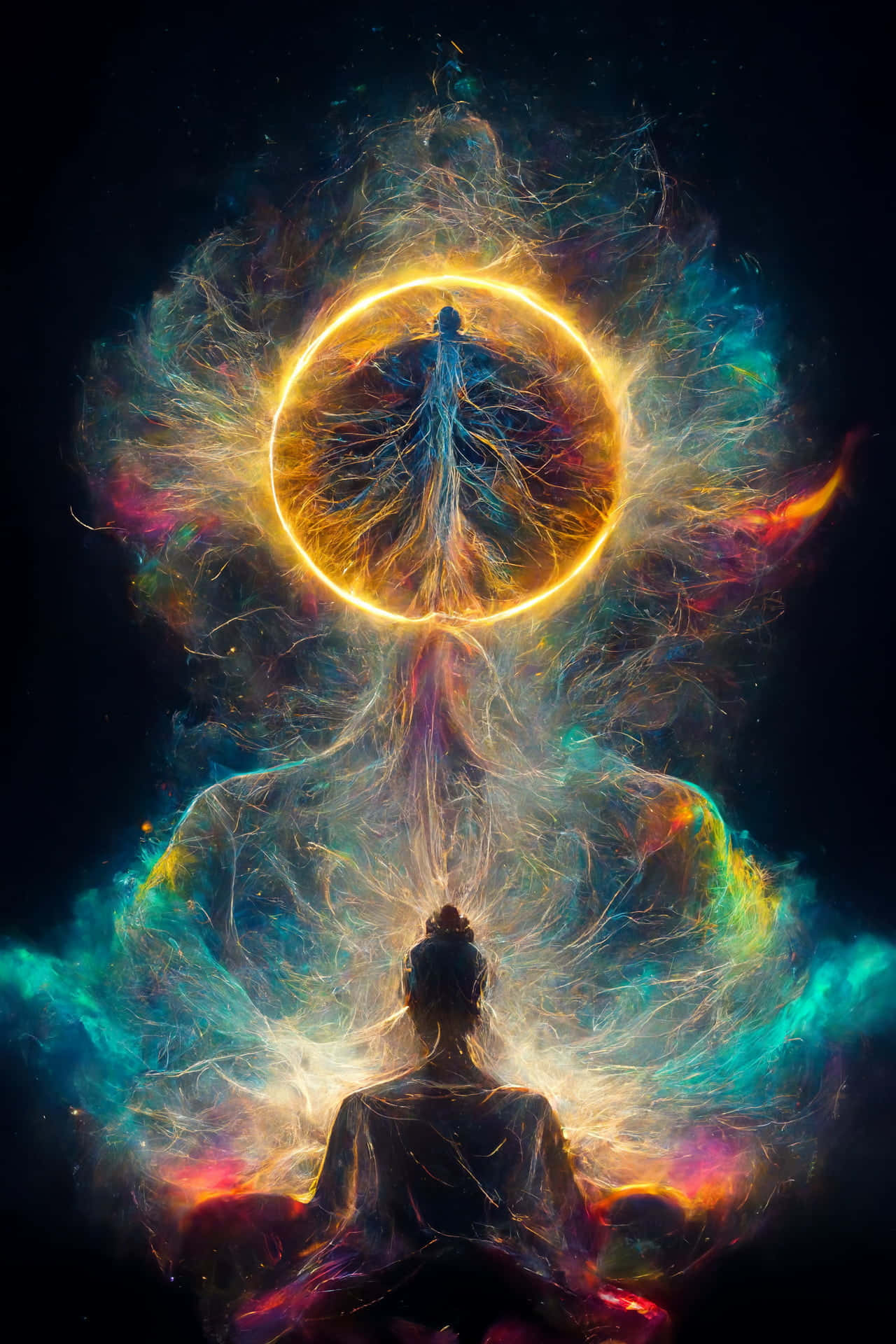 Concentration 桌布 壁紙 — 一個冥想的人物在黑暗虛空中散發出充滿活力的宇宙能量，形成一個發光的金色環和色彩繽紛的星雲。