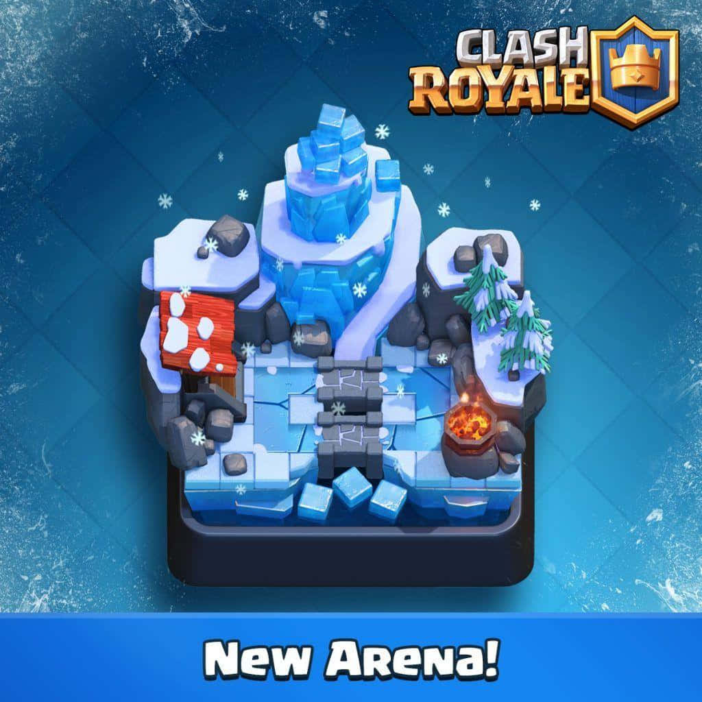 部落衝突：皇室戰爭 桌布 壁紙 — 一個冰凍的Clash Royale競技場，帶有冰結構、雪花和發光的熔岩坑，背景為藍色紋理。