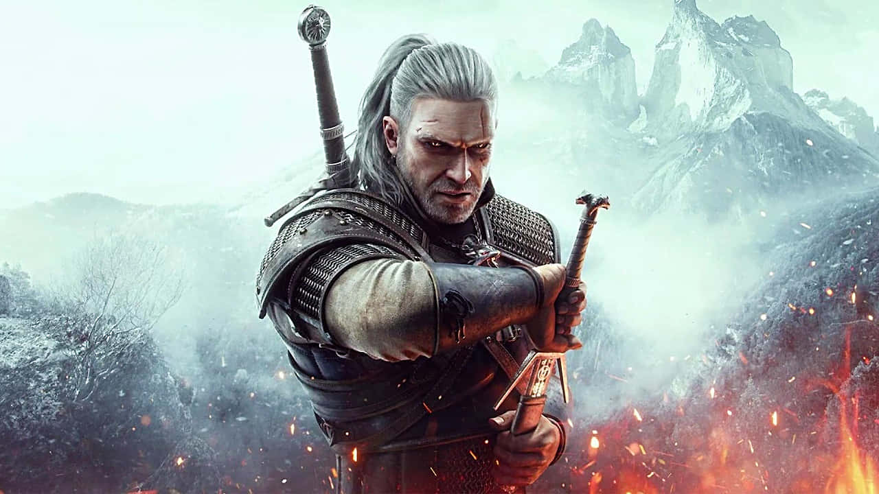 The Witcher Characters 桌布 壁紙 — 一個冷酷的戰士，銀髮鎧甲，手持劍，站在白雪皚皚的山脈和熾熱的火花中。