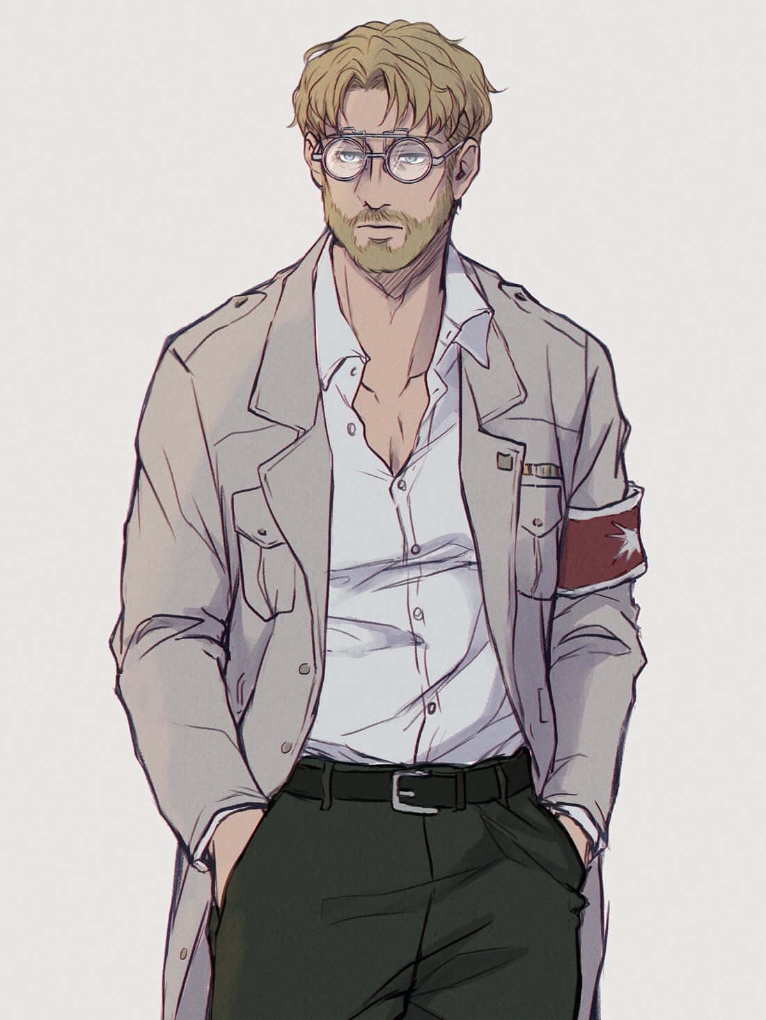 Zeke Yeager 桌布 壁紙 — 一個冷靜的動漫男子，戴著眼鏡和米色外套，雙手插袋，自信地站在純色背景前。