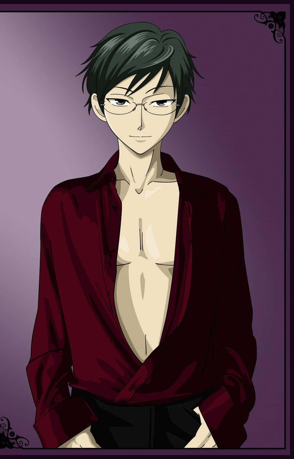 Kyoya Ootori 桌布 壁紙 — 一個冷靜的動漫男子，黑髮戴眼鏡，穿著敞開的酒紅色襯衫，背景為紫色。