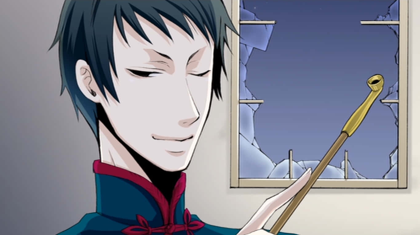 Black Butler Lau 桌布 壁紙 — 一個冷靜的動漫男子穿著藍色和紅色的服裝，在黃昏的天空下，手持金色權杖站在破碎的窗戶旁。