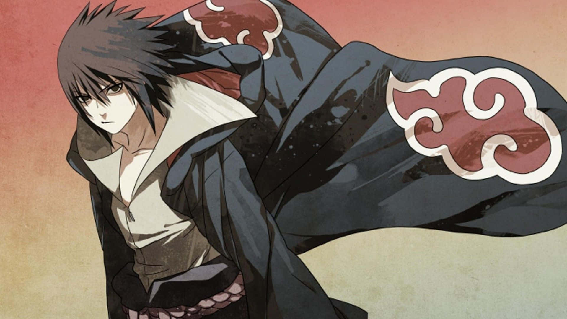 Akatsuki Sasuke 桌布 壁紙 — 一個冷靜的動漫角色，身穿帶有紅色雲紋的深色斗篷，站在溫暖的漸變背景前。