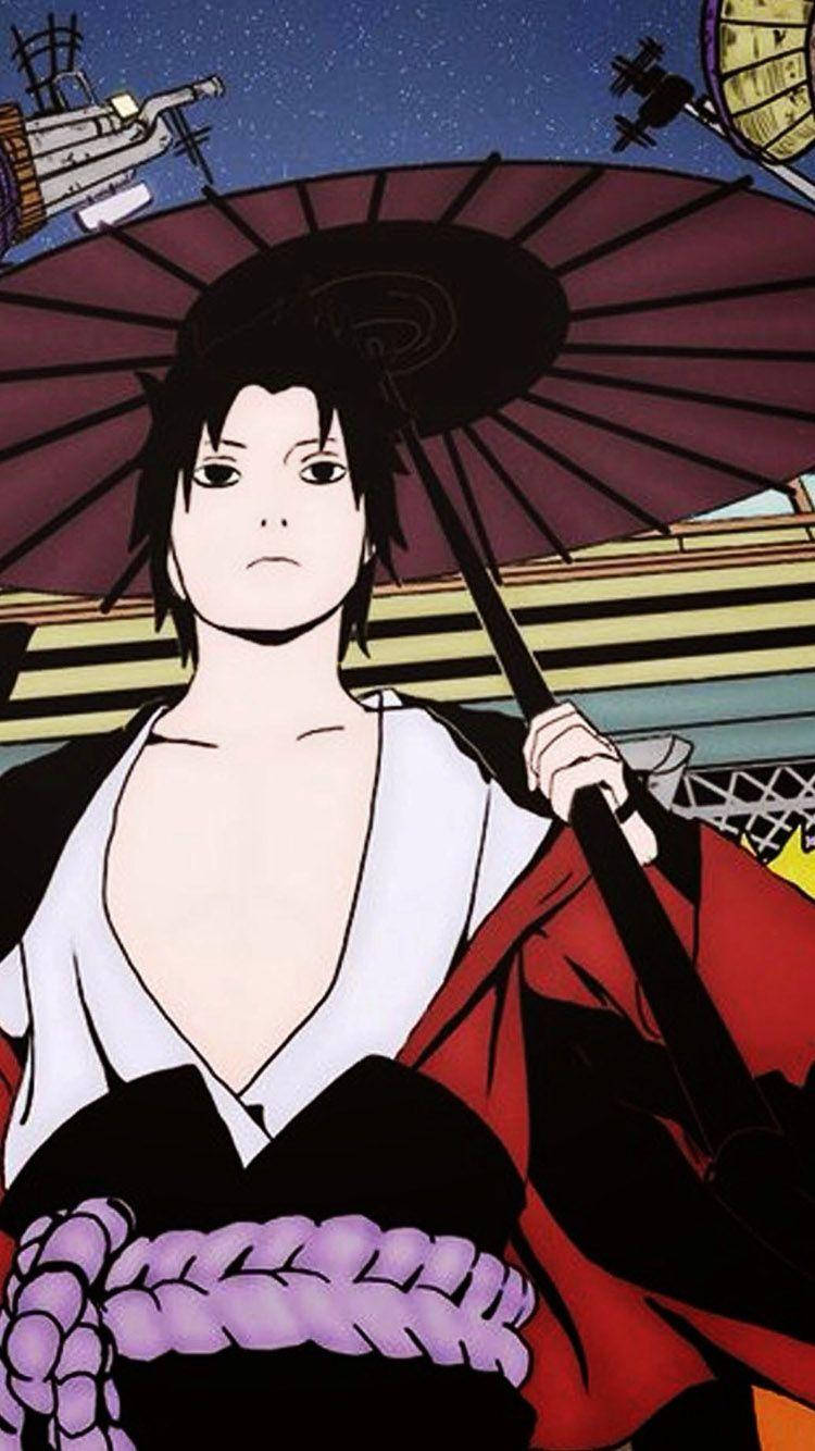 sasuke uchiha 4K 桌布 壁紙 — 一個冷靜的動漫角色在繁星點點的夜空下，手持一把黑色雨傘，周圍漂浮著機械物體。