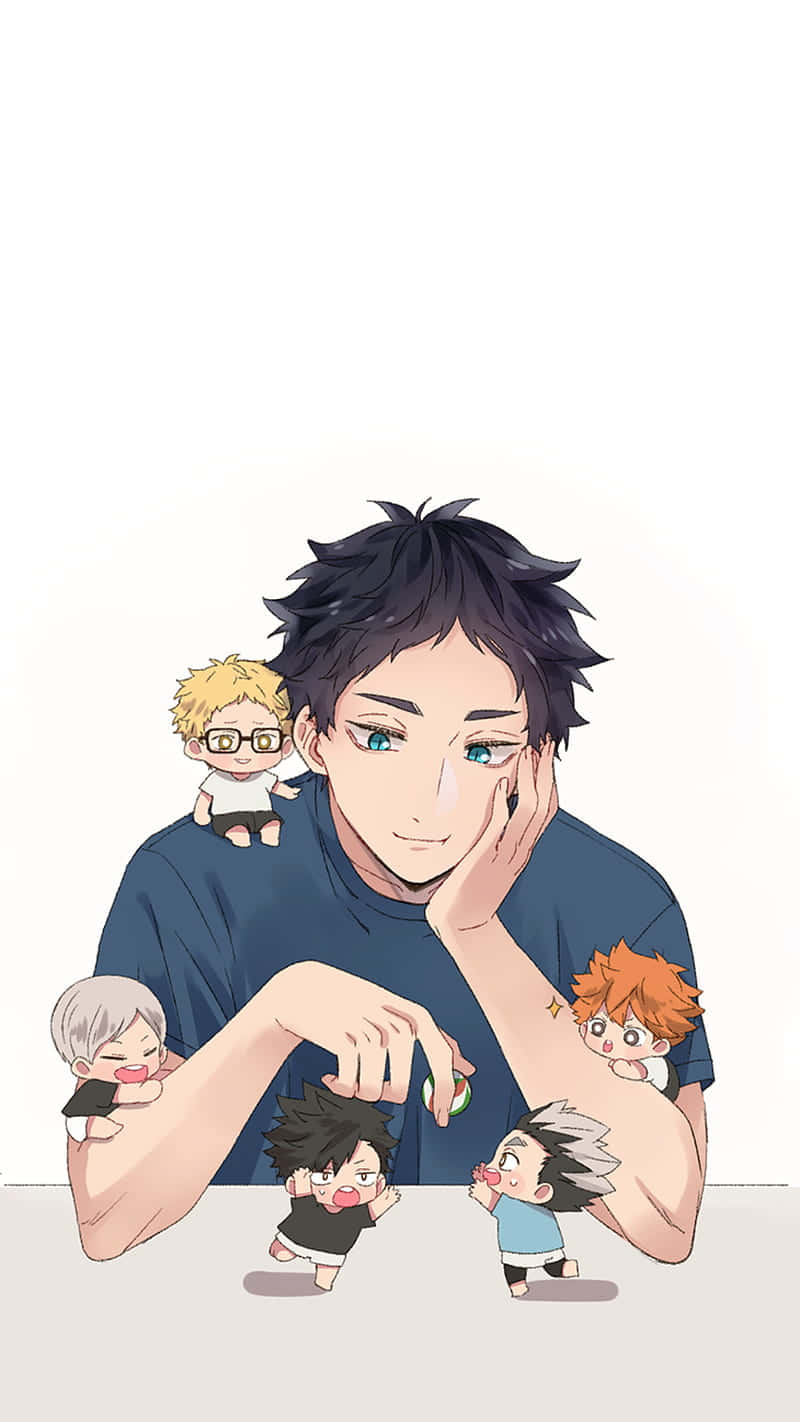 Haikyuu Captains 桌布 壁紙 — 一個冷靜的黑髮動漫男子輕輕地抱著他周圍朋友們的小型Q版版本。