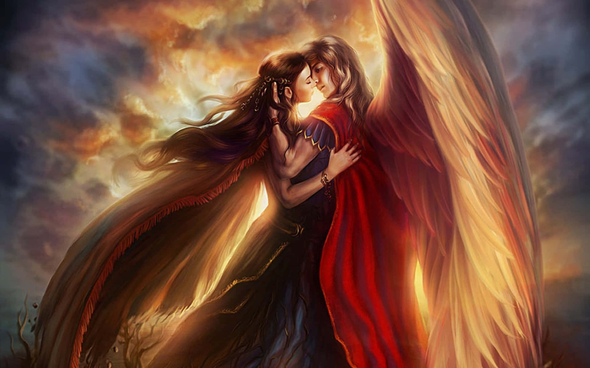 Lovers 桌布 壁紙 — 一個凡間女子與一位擁有發光翅膀、光芒四射的天使在熾熱的日落天空下溫柔擁抱。