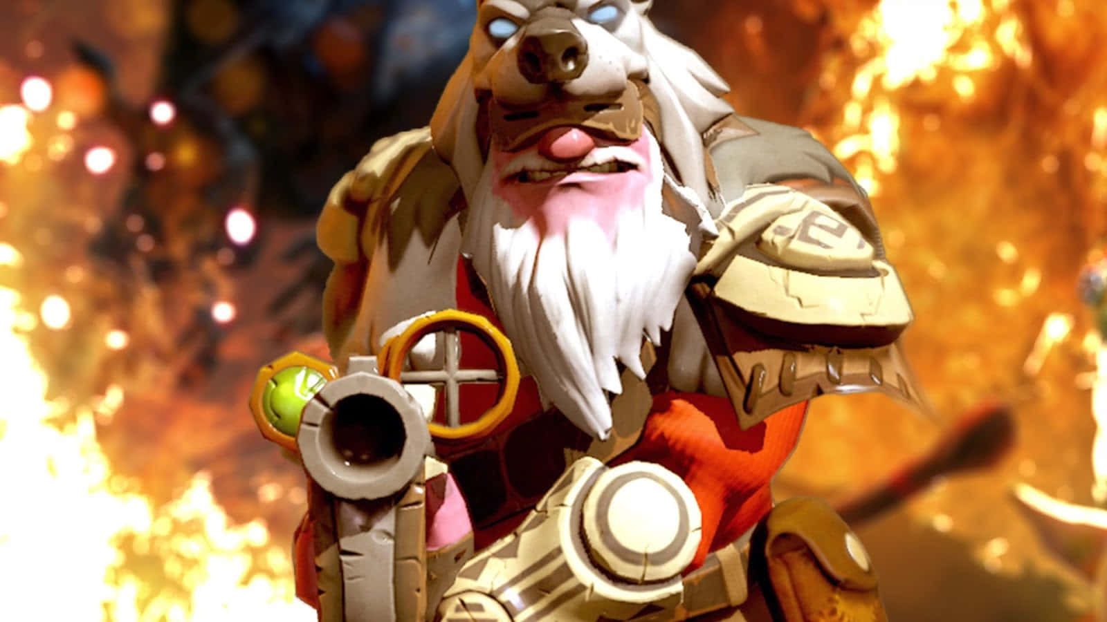 Dota 2 Sniper 桌布 壁紙 — 一個凶猛嘅擬人化熊戰士，有白鬍鬚，喺猛烈爆炸中揮舞未來武器。