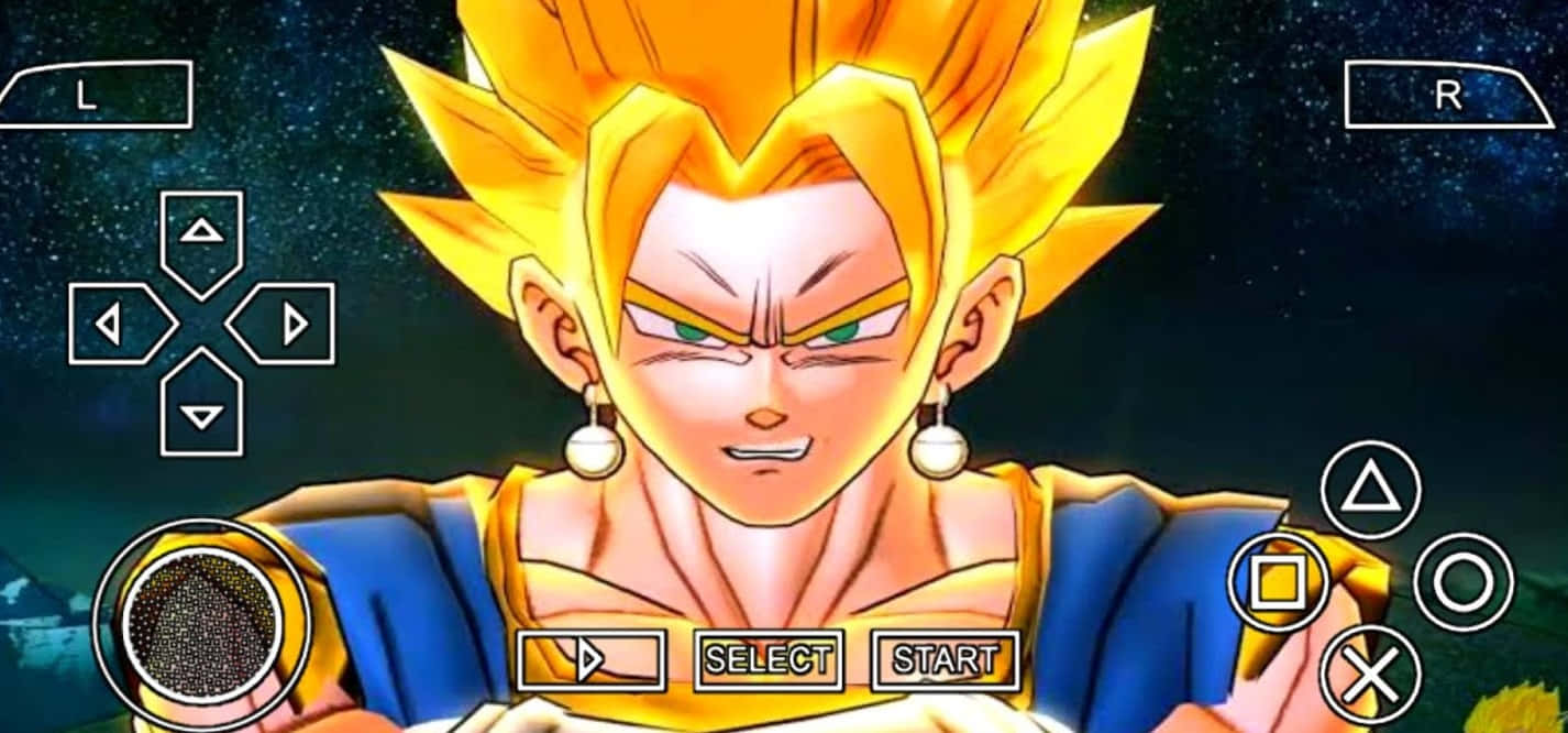 Dragon Ball Z Games 桌布 壁紙 — 一個凶猛的金髮撒亞人戰士，眼睛發光，戴著耳環，在點綴著遊戲控制器按鈕的星空夜空下強烈地凝視。
