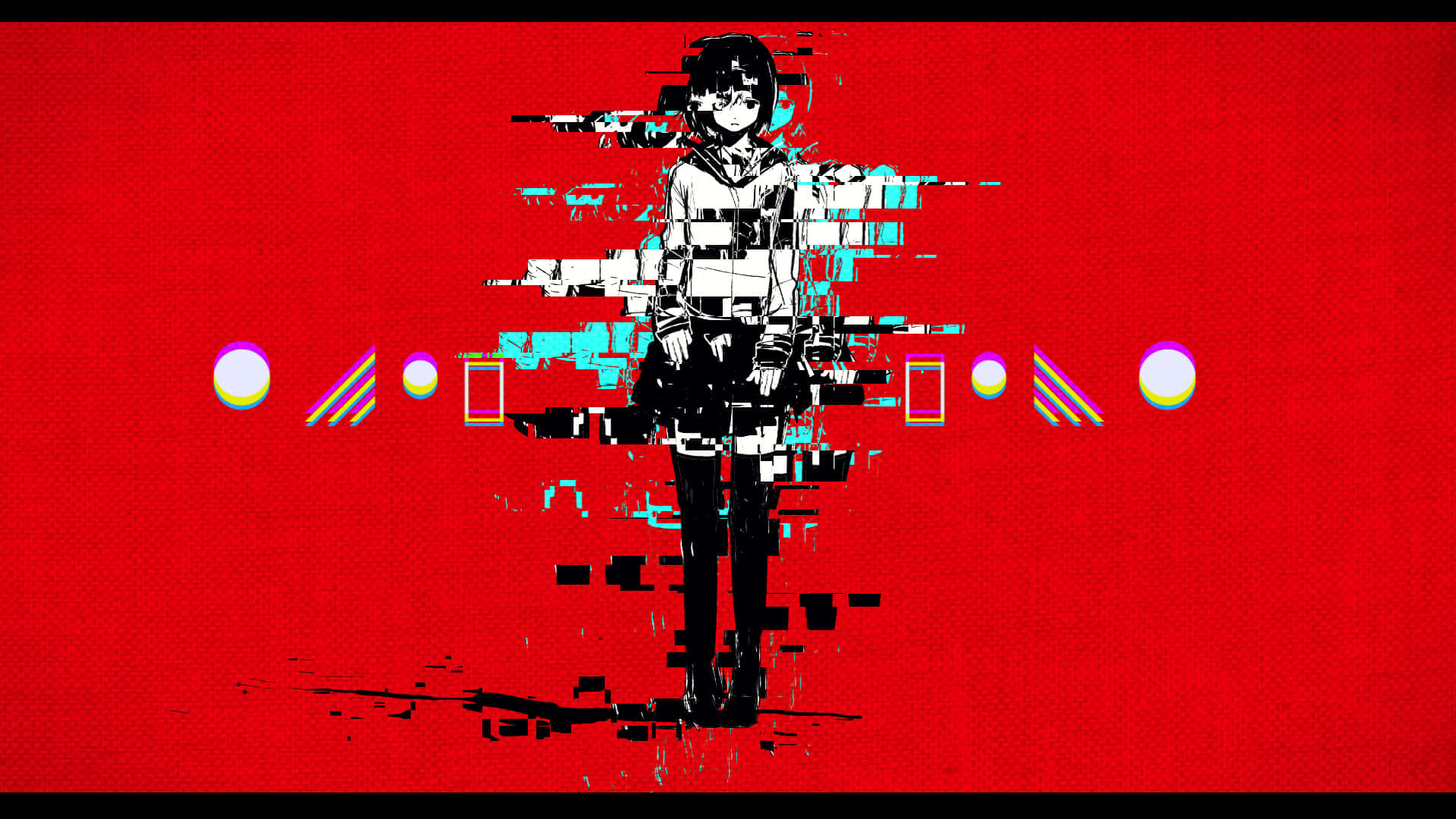 Glitch Effect 桌布 壁紙 — 一個出現故障的動漫女孩站在充滿活力的紅色背景前，帶有數碼扭曲和色彩繽紛的幾何形狀。