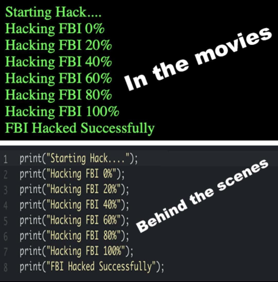 Technology Humor Memes 桌布 壁紙 — 一個分割畫面數碼圖形，顯示綠色終端文字入侵FBI，下方有匹配代碼，並帶有「Behind the scenes」和「In the movies」文字疊加。