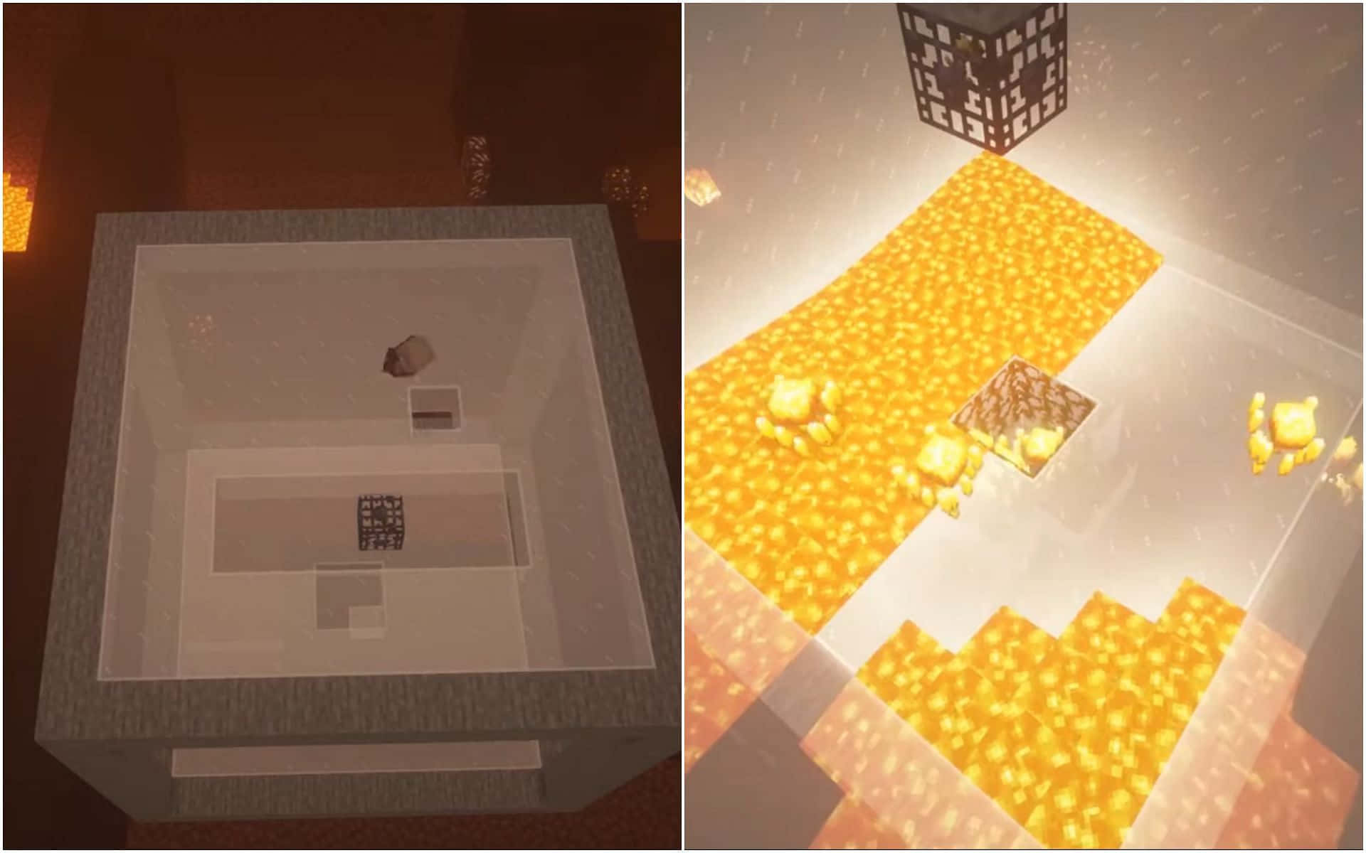 Minecraft Blaze Farming 桌布 壁紙 — 一個分割畫面的Minecraft場景，展示一個玻璃封閉的房間，內有發光方塊和金色熔岩般的地板，在柔和環境光下。