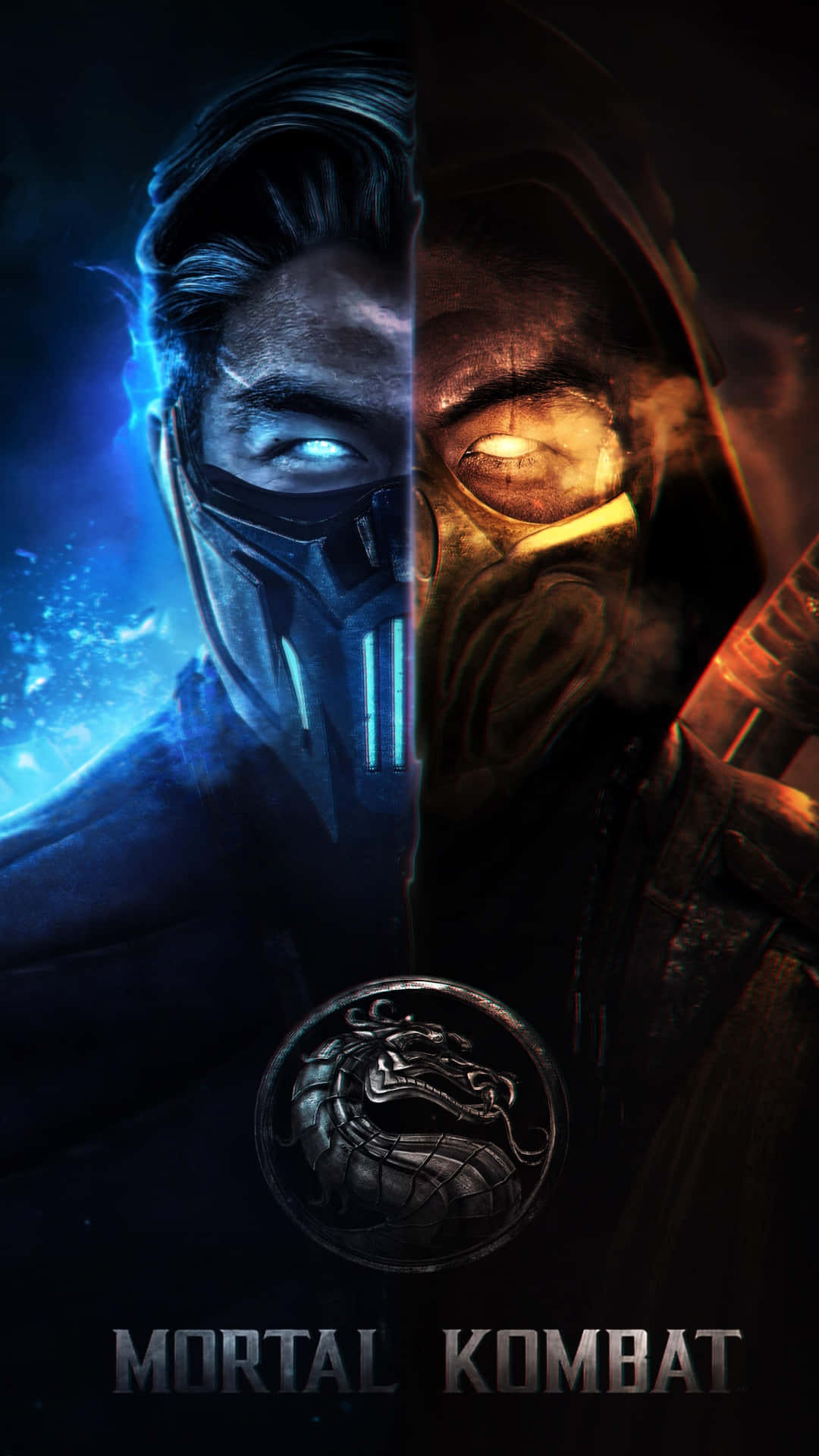 Mortal Kombat Sub-zero 桌布 壁紙 — 一個分割畫面的Mortal Kombat壁紙顯示了冰藍色光芒中的Sub-Zero與火橙色光芒中的Scorpion對峙，兩者都戴著面具，表情激烈。