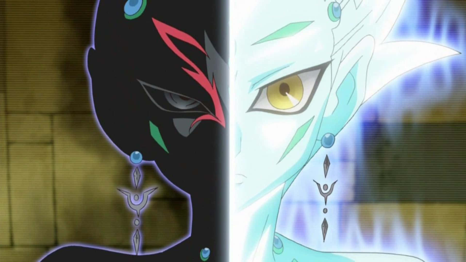 Yu-gi-oh Astral 桌布 壁紙 — 一個分割的動漫肖像顯示一個帶有紅色標記的黑暗半邊和一個帶有發光藍色點綴和金色眼睛的光明半邊。