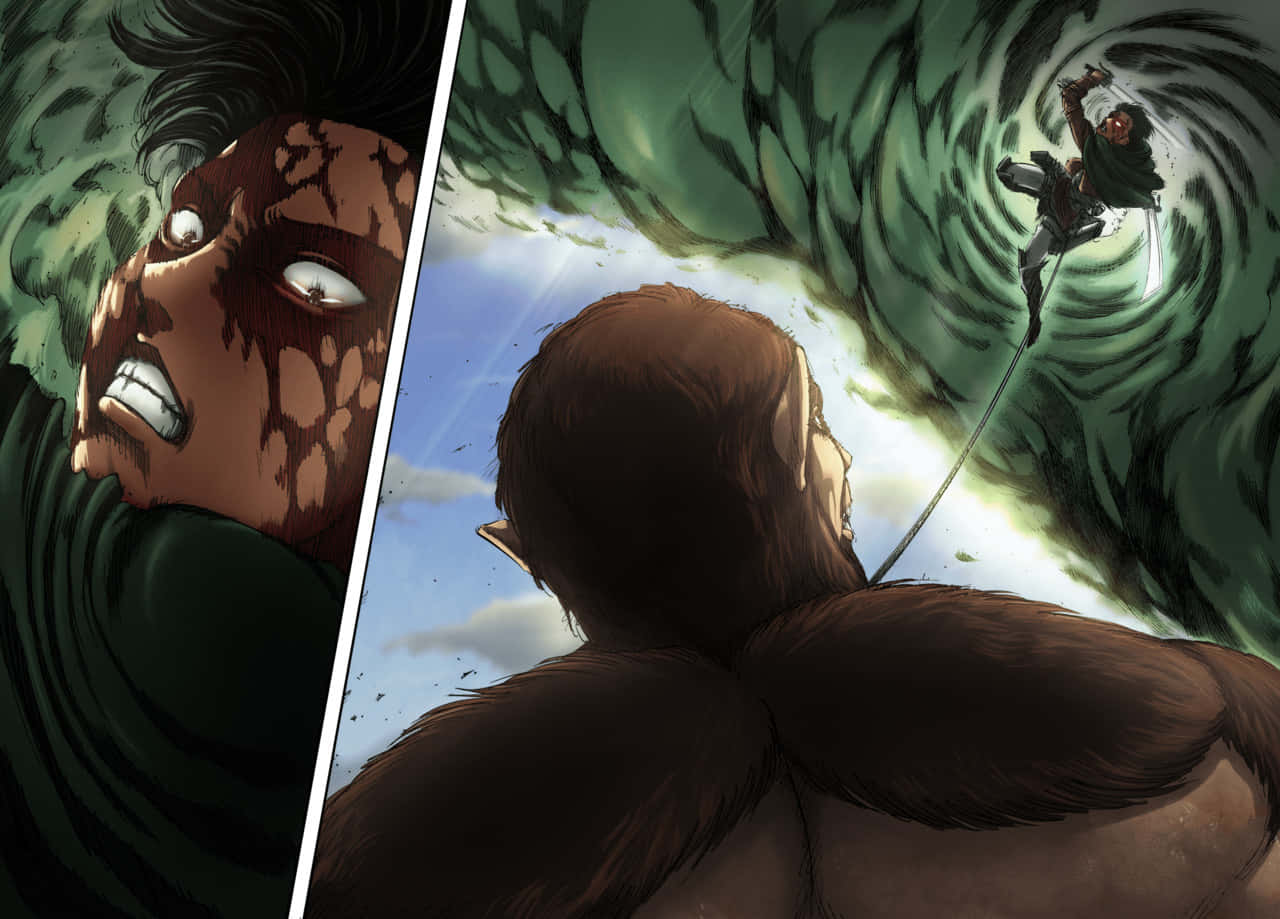 Beast Titan 桌布 壁紙 — 一個分屏動漫場景顯示一個巨大的泰坦在痛苦中尖叫，而一名戰士將劍揮向其背部，背景是旋轉的綠色漩渦。
