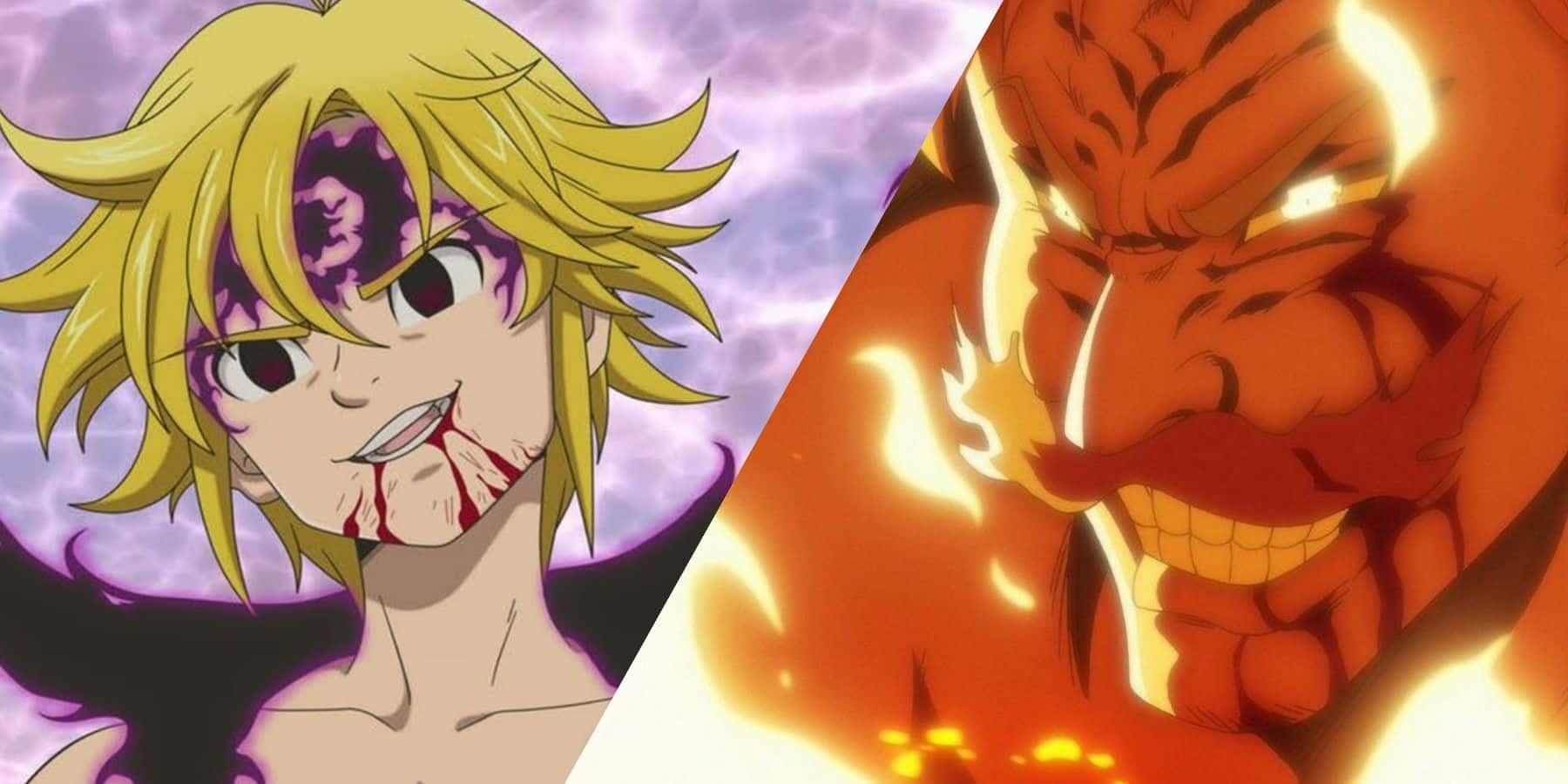 The Seven Deadly Sins 桌布 壁紙 — 一個分屏動畫戰鬥場景，一個金髮角色滿臉鮮血對抗一個火紅色的惡魔。