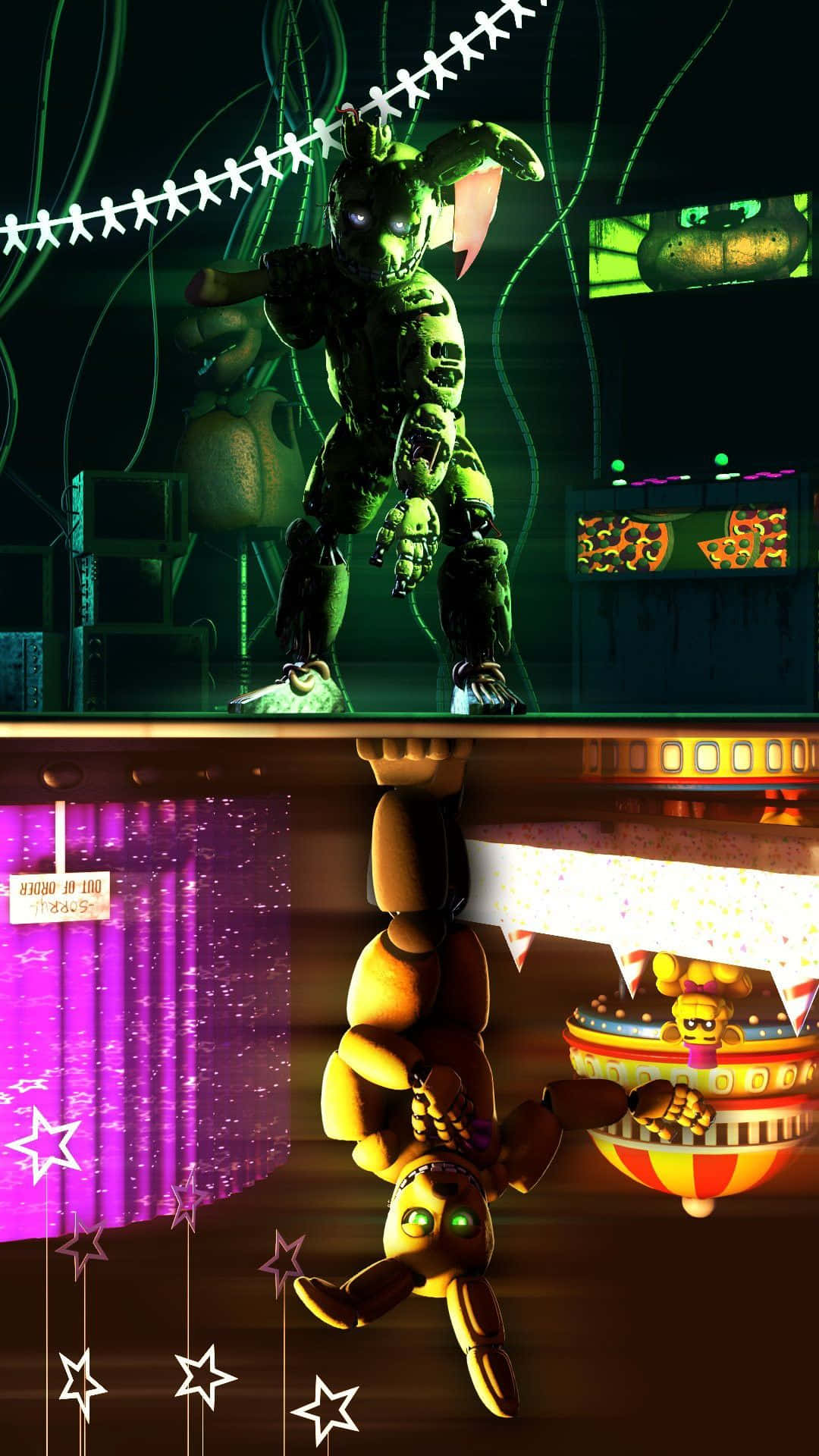Scraptrap 桌布 壁紙 — 一個分屏恐怖場景，在霓虹燈照亮的遊戲機中心中，有一個威脅性的綠色電子動畫和一個懸掛的黃色電子動畫。