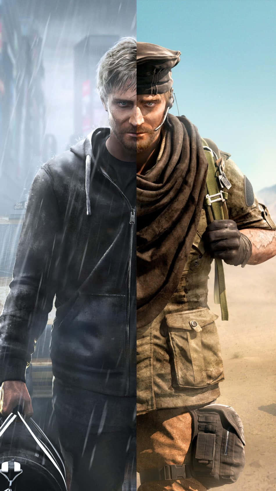 Rainbow Six Siege Operators 桌布 壁紙 — 一個分屏數碼肖像，左半邊是雨中的城市男子，右半邊是沙漠士兵。