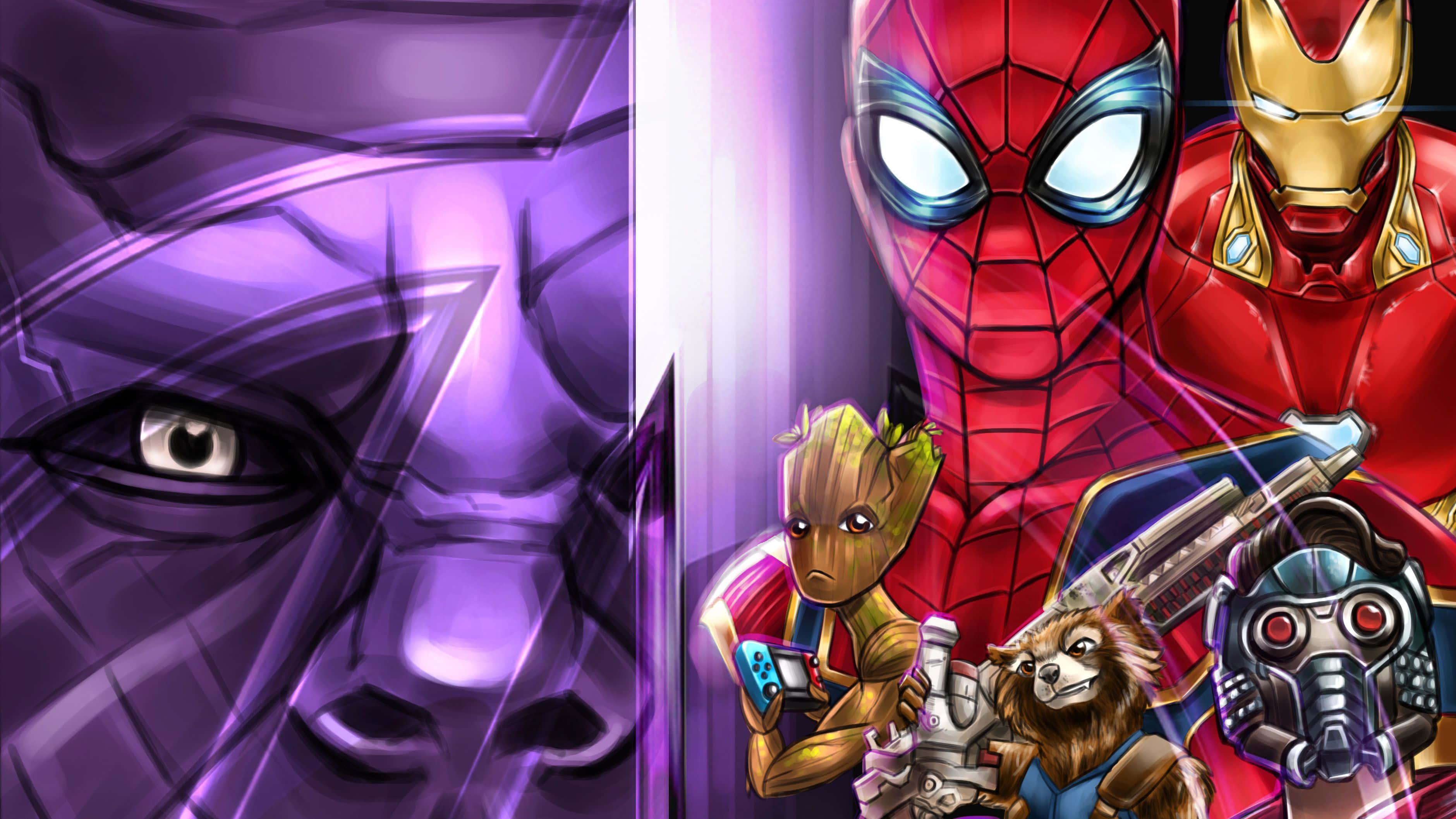 Earth's Mightiest Heroes 桌布 壁紙 — 一個分屏數碼藝術壁紙顯示左側紫色皮膚的Thanos，右側一群Marvel英雄，包括蜘蛛俠、鐵甲奇俠、樹人、火箭浣熊和星爵。