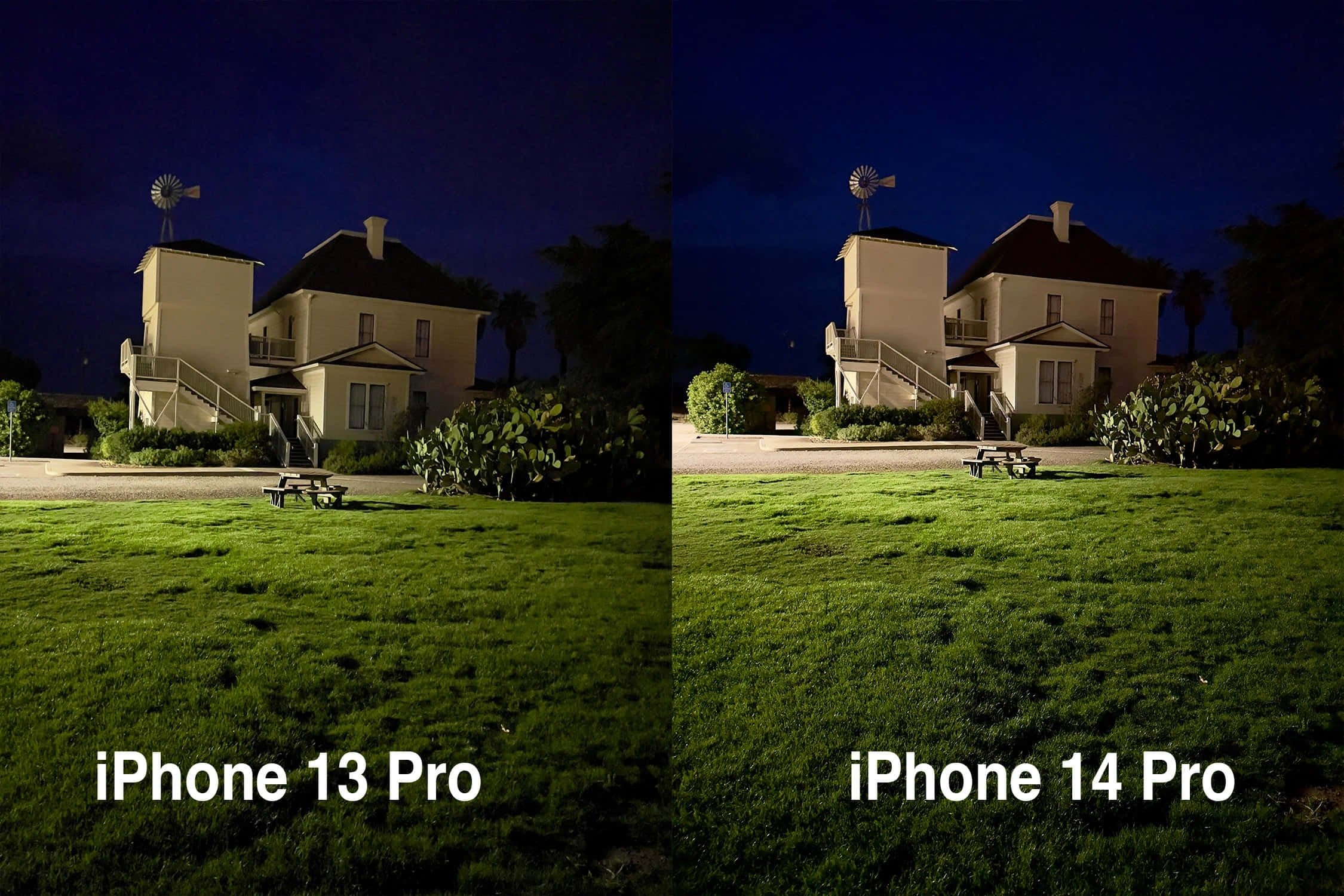 Night Mode 桌布 壁紙 — 一個分屏比較，展示夜間房屋與風車在黑暗天空下的 iPhone 13 Pro 與 iPhone 14 Pro 相機效果。