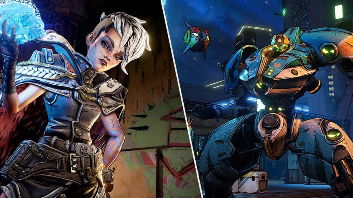 Borderlands Characters 桌布 壁紙 — 一個分屏遊戲場景，展示一個帶有發光藍色能量的賽博龐克戰士和一個高聳的機甲，背景是夜晚霓虹燈閃爍的城市。