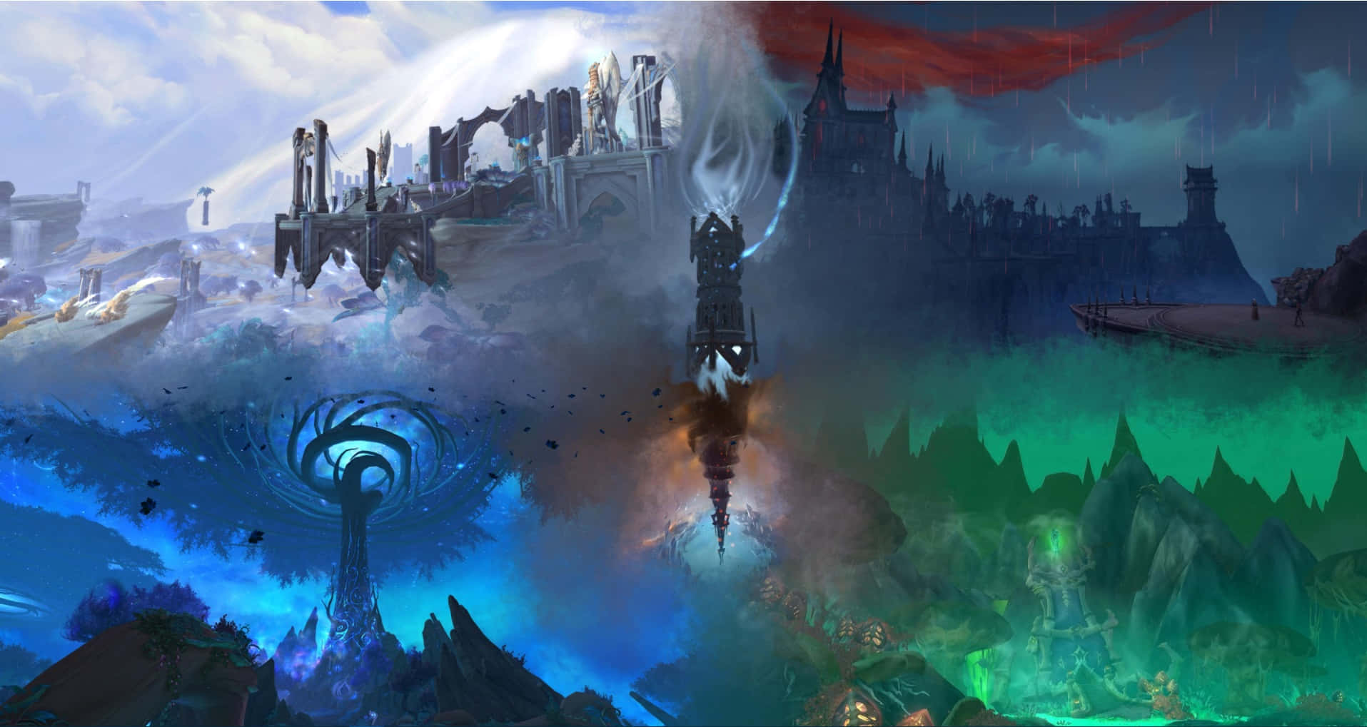 魔獸世界 桌布 壁紙 — 一個分為三個領域的奇幻景觀：發光的藍色魔法區域、熾熱的中央塔樓，以及暴風雨天空下的深綠色神秘森林。