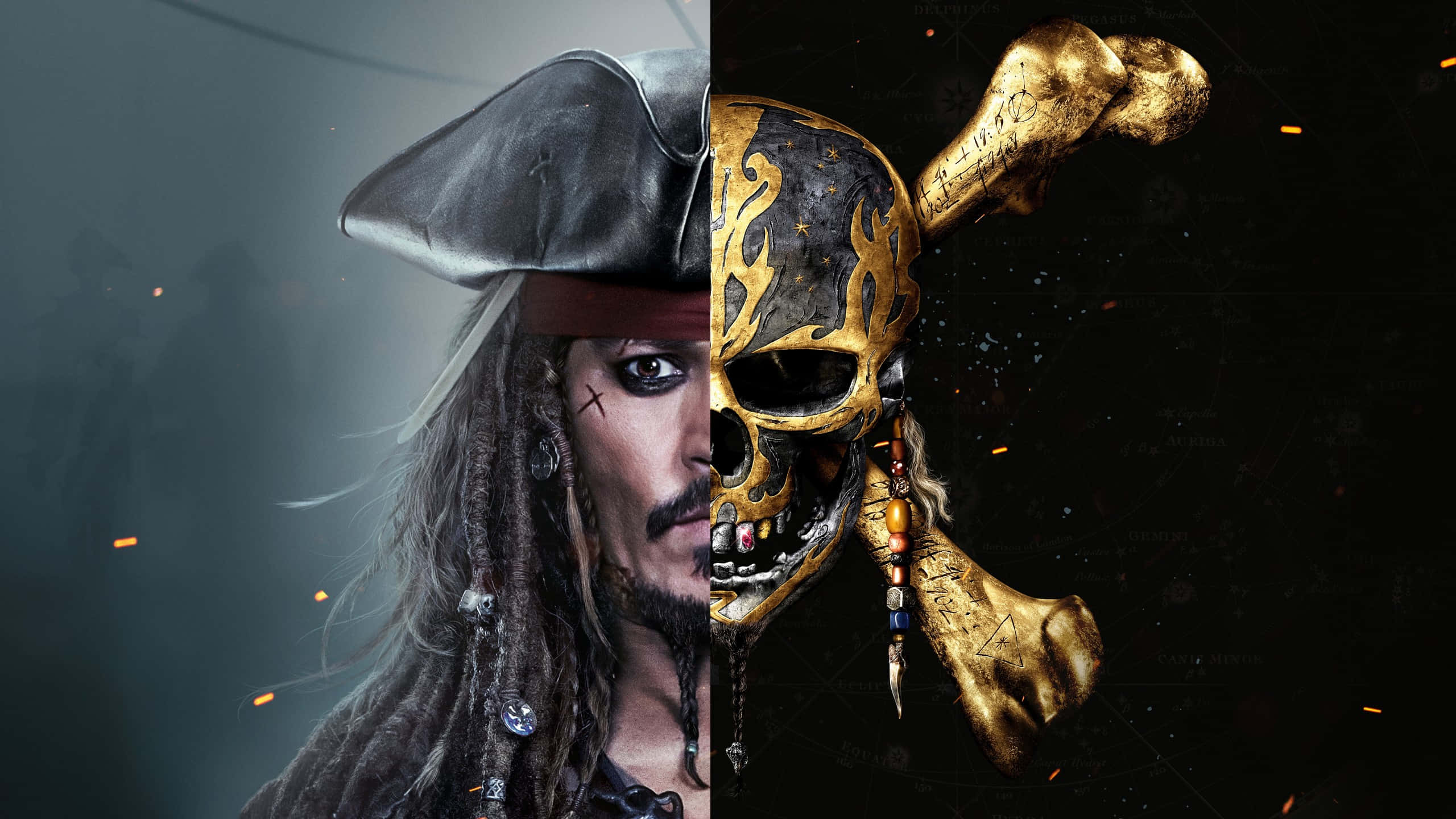 Pirates Of The Caribbean 桌布 壁紙 — 一個分裂的肖像，傑克·斯派羅船長面對一個帶有火焰設計和漂浮餘燼的金色骷髏頭和交叉骨。