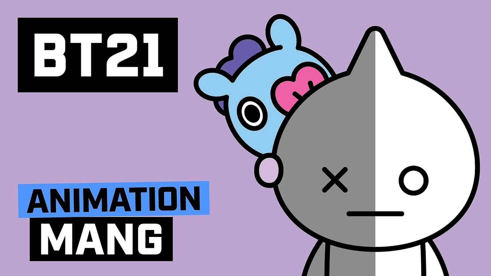 Mang Bt21 壁紙 — 一個分裂面孔的BT21角色，藍色兔子在後面偷看，紫色背景配粗體文字。
