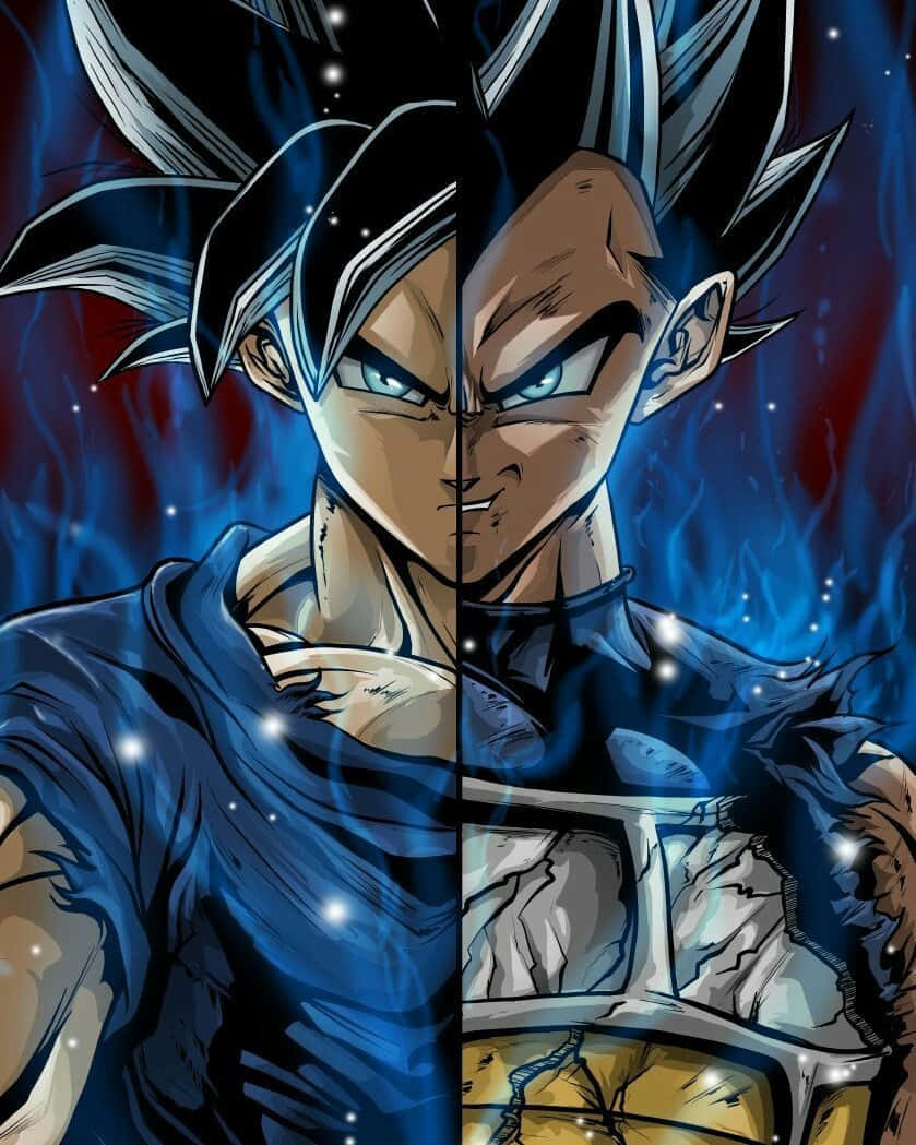 Vegeta And Goku 桌布 壁紙 — 一個分裂面孔的動漫戰士，擁有尖刺頭髮和發光的眼睛，背景是宇宙藍色和紅色。
