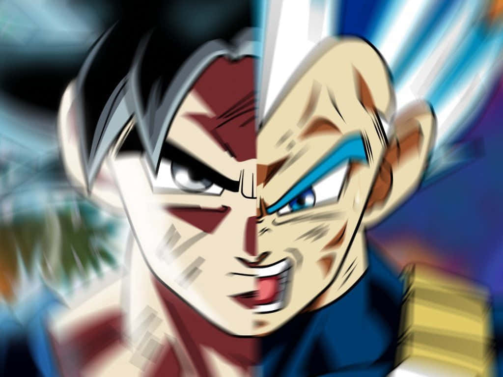Vegeta And Goku 桌布 壁紙 — 一個分裂面孔的動漫戰士，擁有銳利的眼睛和尖刺頭髮，在模糊的宇宙背景下散發力量。