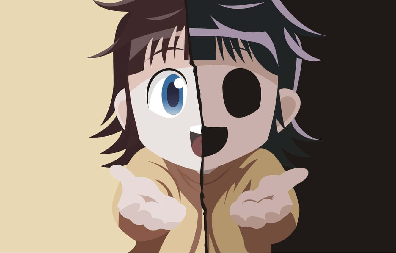 Shonen Anime 桌布 壁紙 — 一個分裂面孔的動漫角色，一側在米色背景上眼睛明亮、開朗，另一側在黑色背景上眼睛陰暗、陰沉。