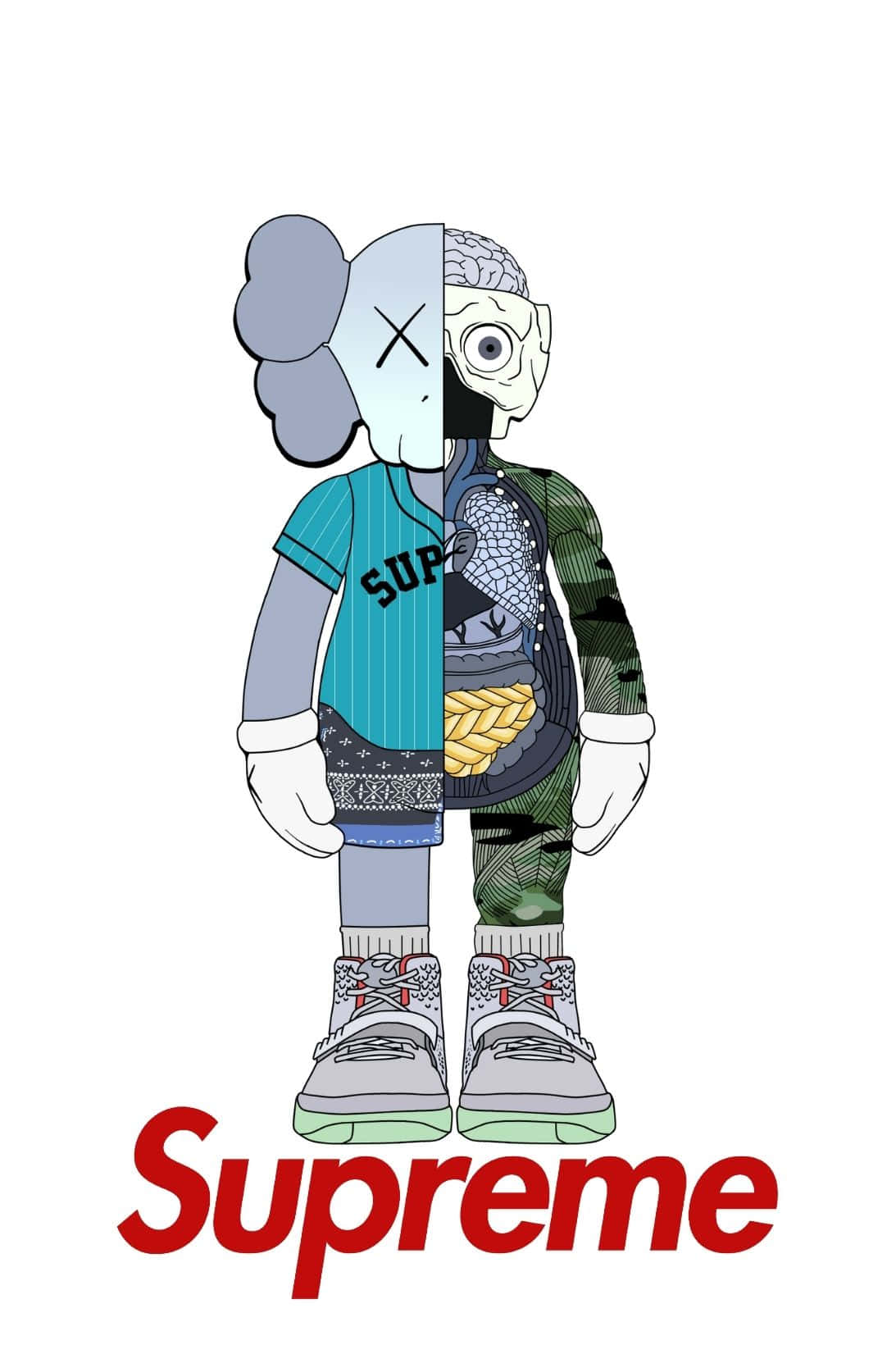 Kaws X Supreme 桌布 壁紙 — 一個分裂面孔的卡通人物，一側是風格化的頭骨，另一側是暴露在迷彩外套和Supreme襯衫內的大腦。
