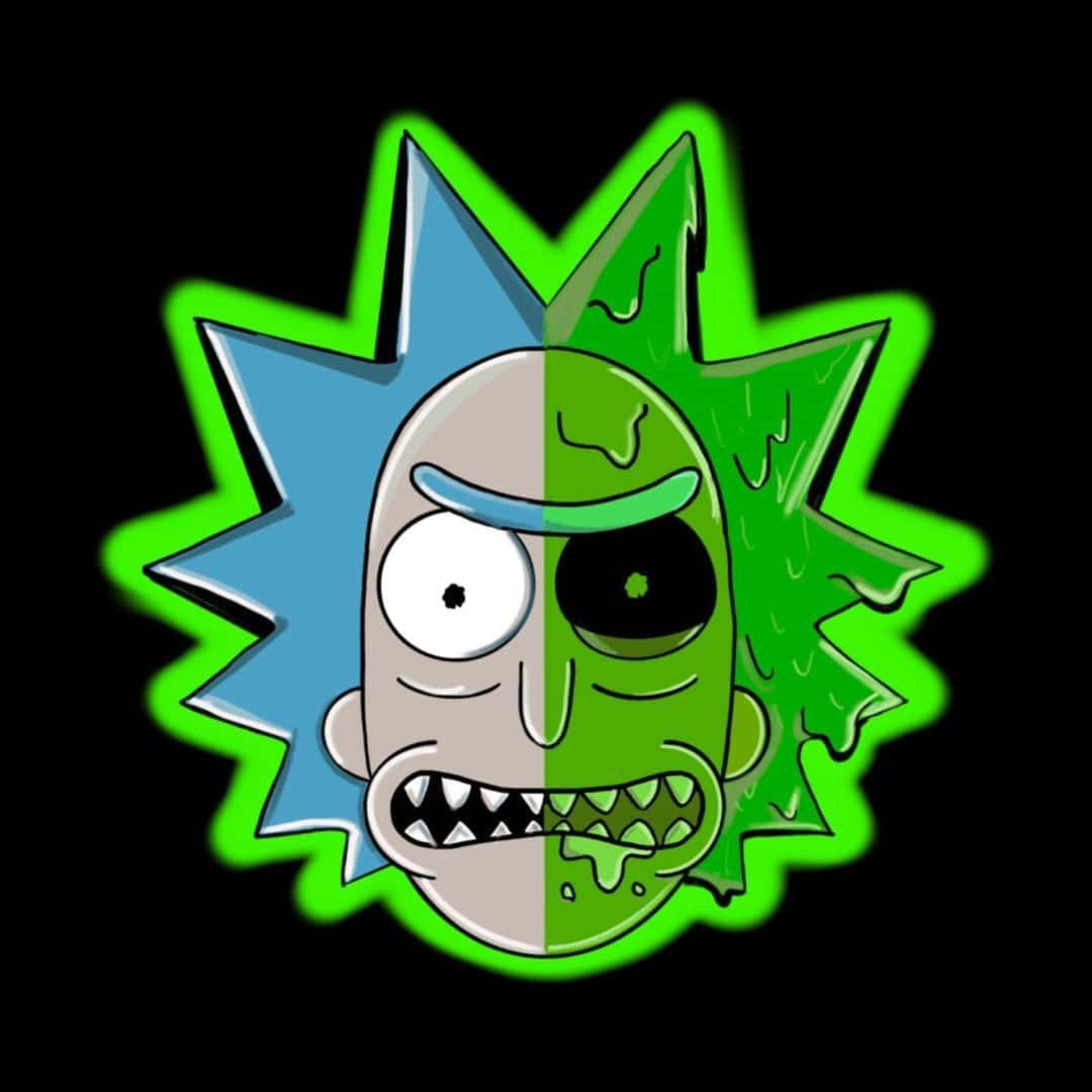 Total Rickall 桌布 壁紙 — 一個分裂面孔的卡通角色，一側正常，另一側是帶有粘液的怪異綠色，背景為黑色。