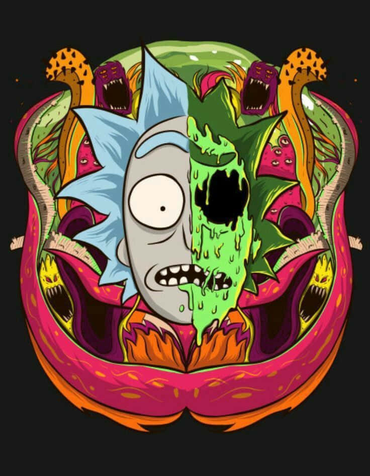 Total Rickall 桌布 壁紙 — 一個分裂面孔的卡通角色，一側正常，另一側融化綠色黏液，周圍環繞著鮮豔色彩的尖叫怪物。
