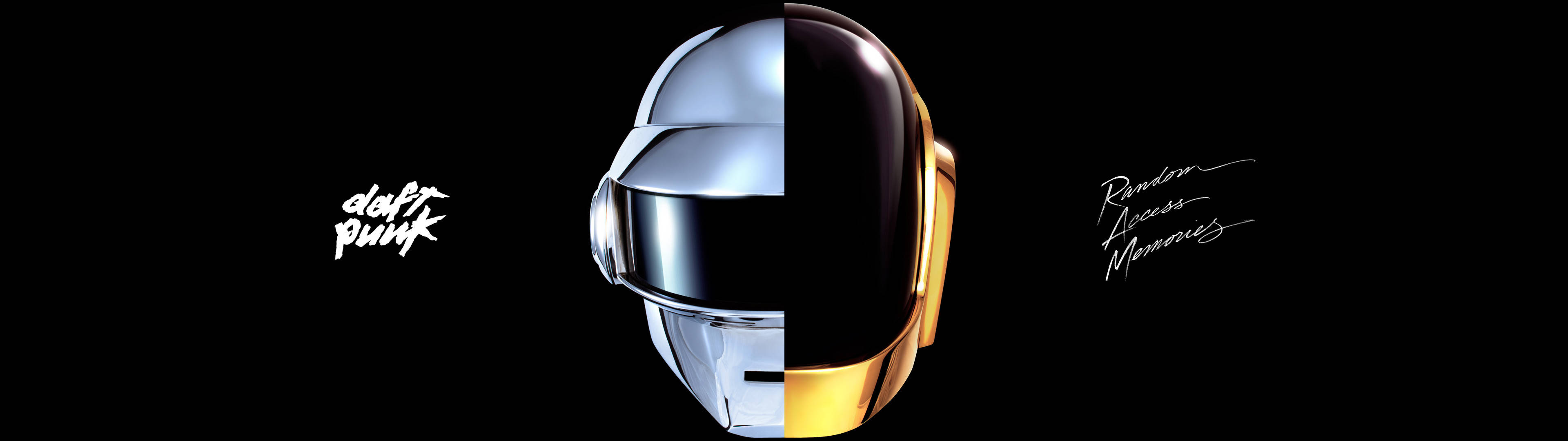 Daft Punk頭盔分為銀色和金色，黑色背景，附專輯標題 — 音樂 GIF 壁紙