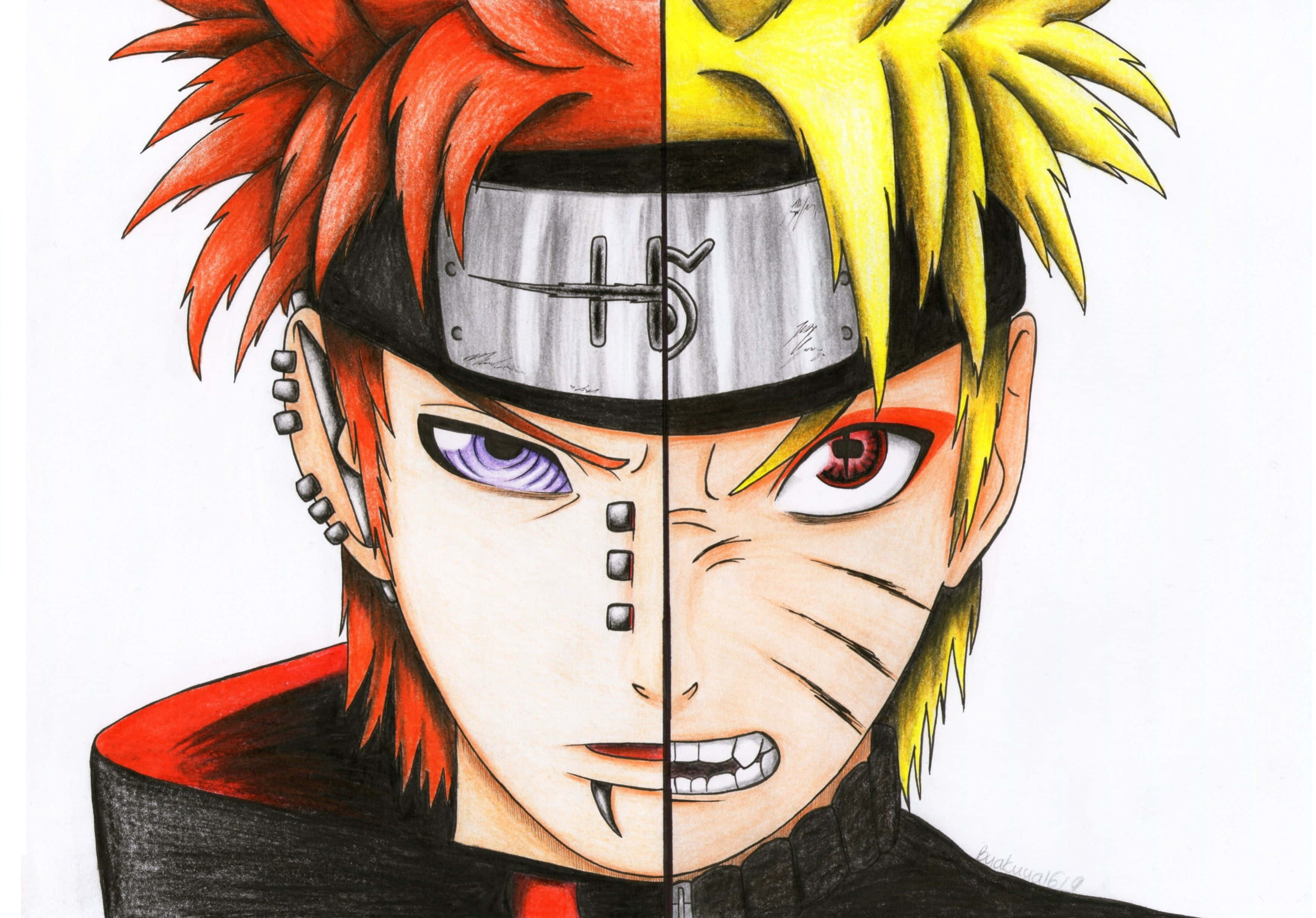 Akatsuki Ninja 桌布 壁紙 — 一個分面動畫肖像，展示一個角色的兩個版本，擁有對比的紅色和黃色頭髮以及不同的眼睛。