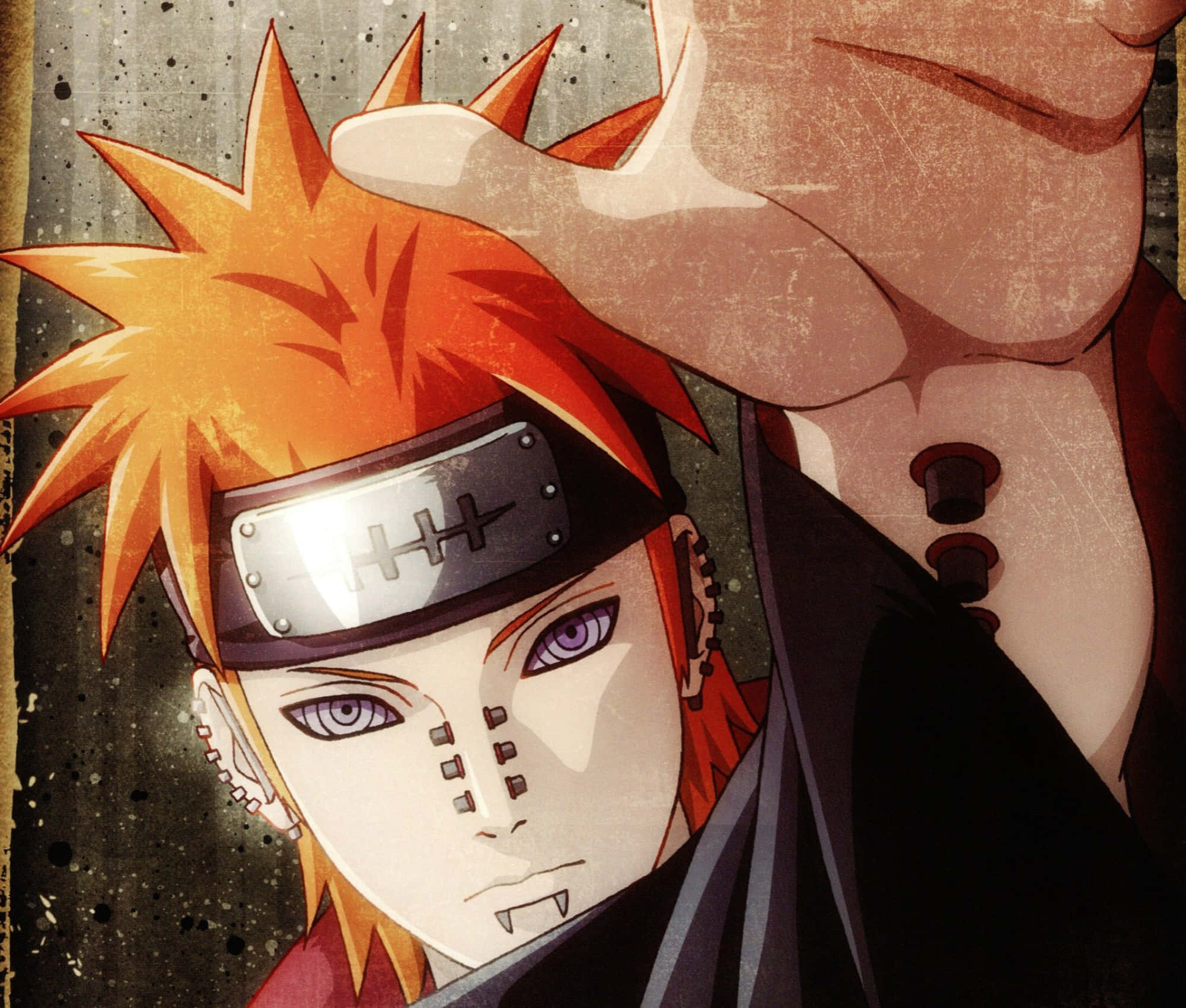 Akatsuki Yahiko 桌布 壁紙 — 一個刺蝟頭、紫色眼睛和尖牙的角色特寫動畫肖像，戴著頭帶，一隻大手放在他的頭附近。