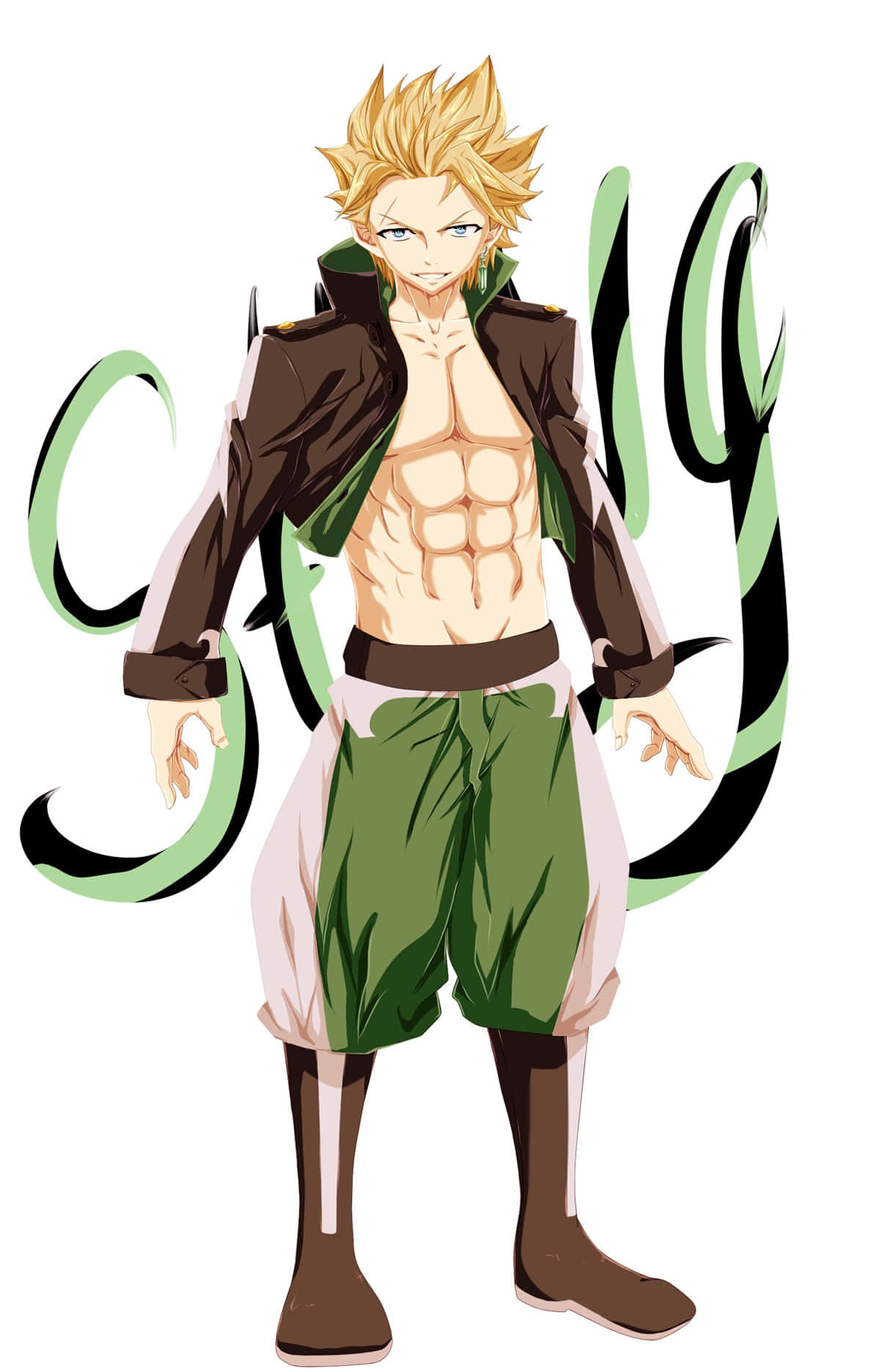 Sting Eucliffe 桌布 壁紙 — 一個刺蝟頭、腹肌分明的動漫男性，穿著棕色外套和綠色短褲，背景為白色，帶有風格化的綠色漩渦。