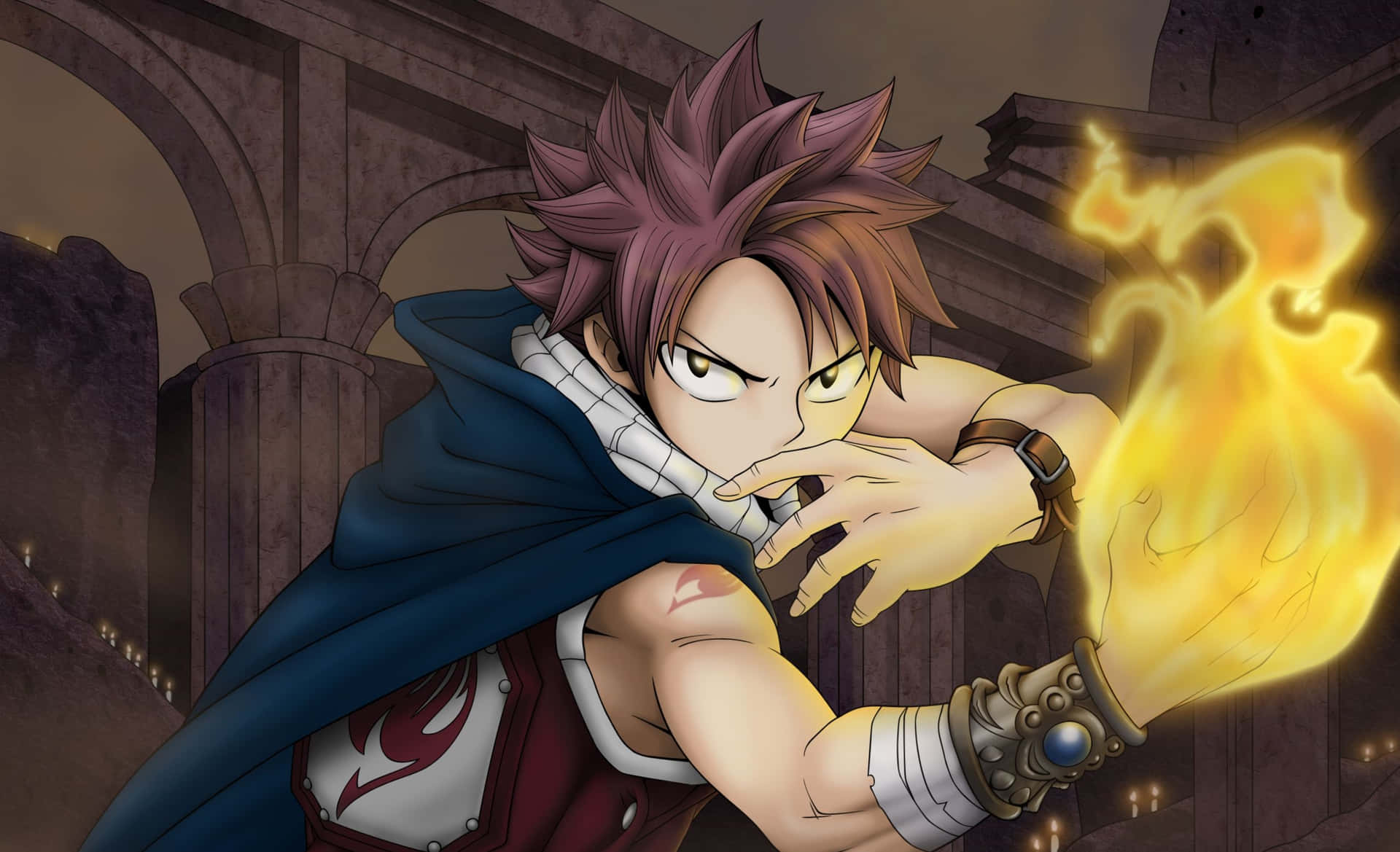 natsu dragneel 桌布 壁紙 — 一個刺蝟頭動漫戰士身穿藍色斗篷，在黃昏的石頭廢墟中引導火焰魔法。