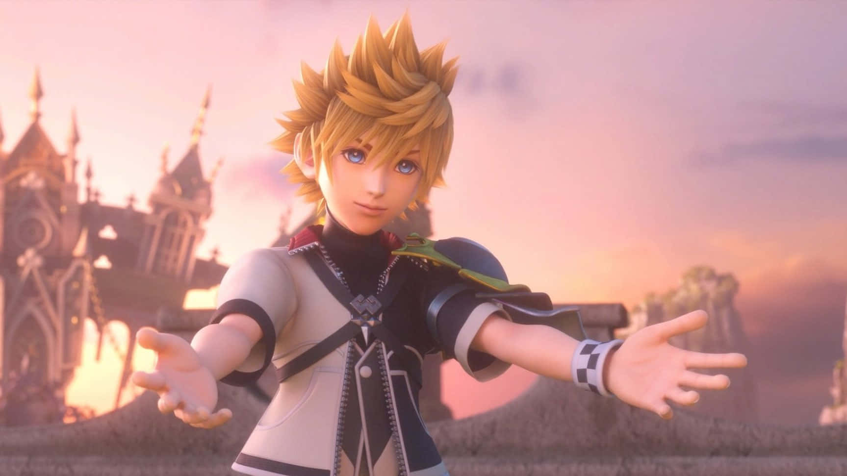 Kingdom Hearts Ventus 桌布 壁紙 — 一個刺蝟頭動漫男孩穿著黑白服裝，在日落時分站在城堡前張開雙臂。