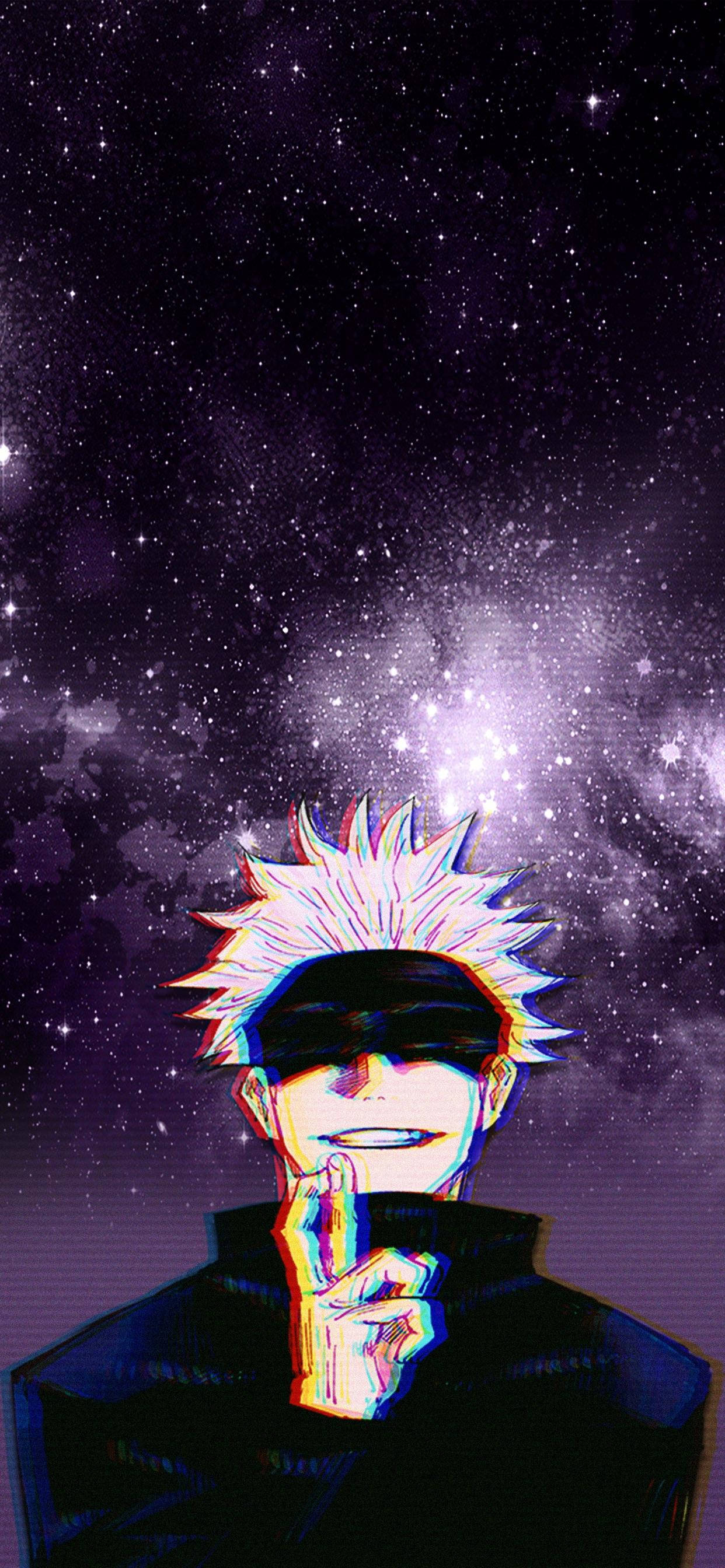 動漫男孩 桌布 壁紙 — 一個刺蝟頭動漫角色戴著眼罩，在充滿活力的紫色星空銀河背景下微笑。