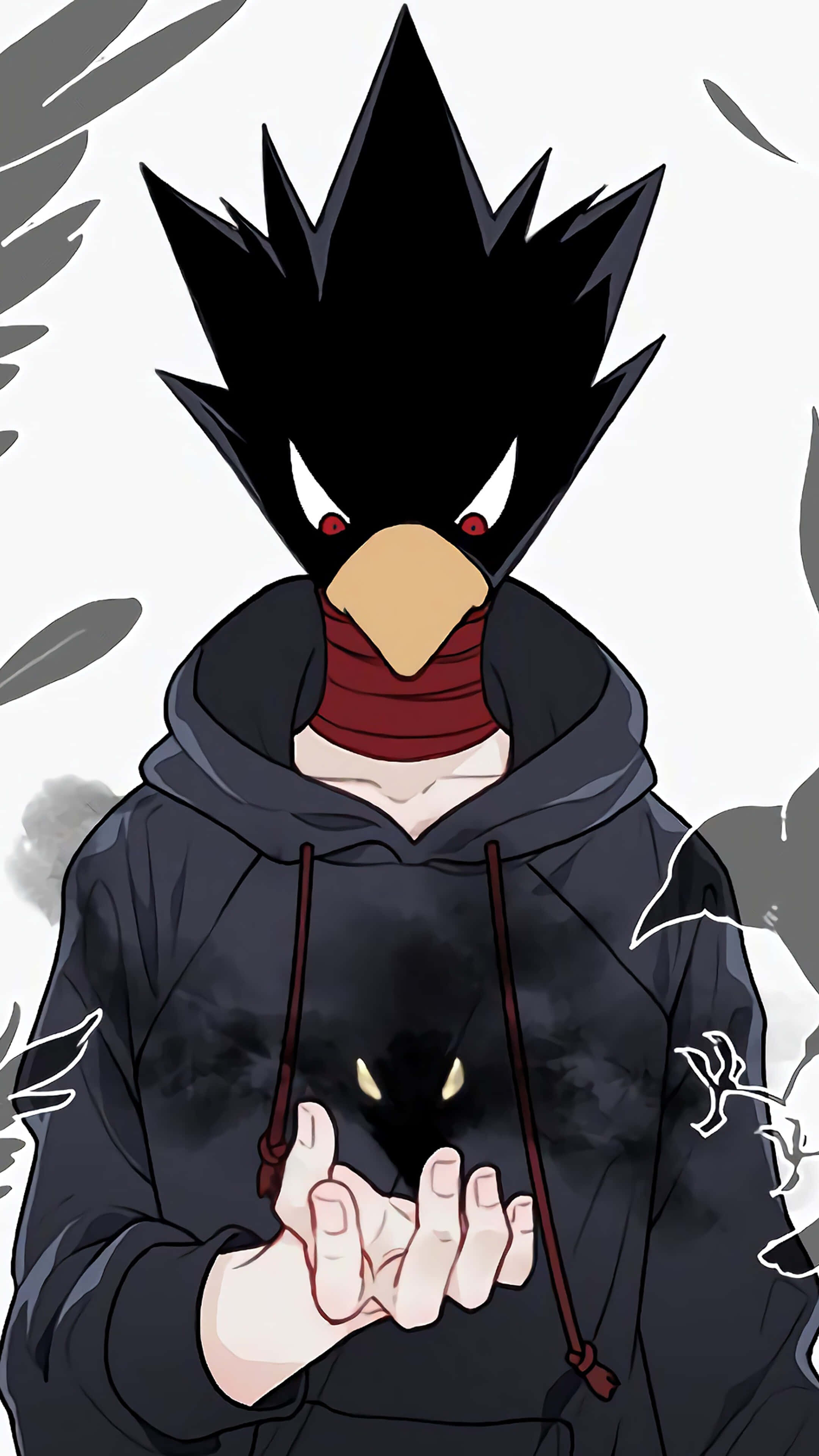 Fumikage Tokoyami 桌布 壁紙 — 一個刺蝟頭動漫角色穿著黑色連帽衫，在灰色羽毛背景前抱著一隻發光的黑貓，貓咪有黃色的眼睛。